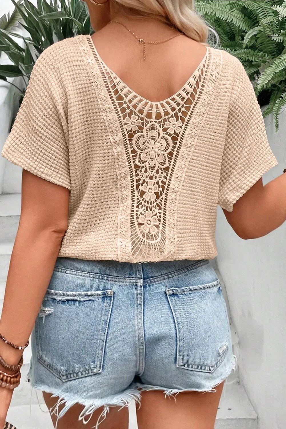 Plus Size Textured Lace Round Neck Short Sleeve T-Shirt - ClubOn