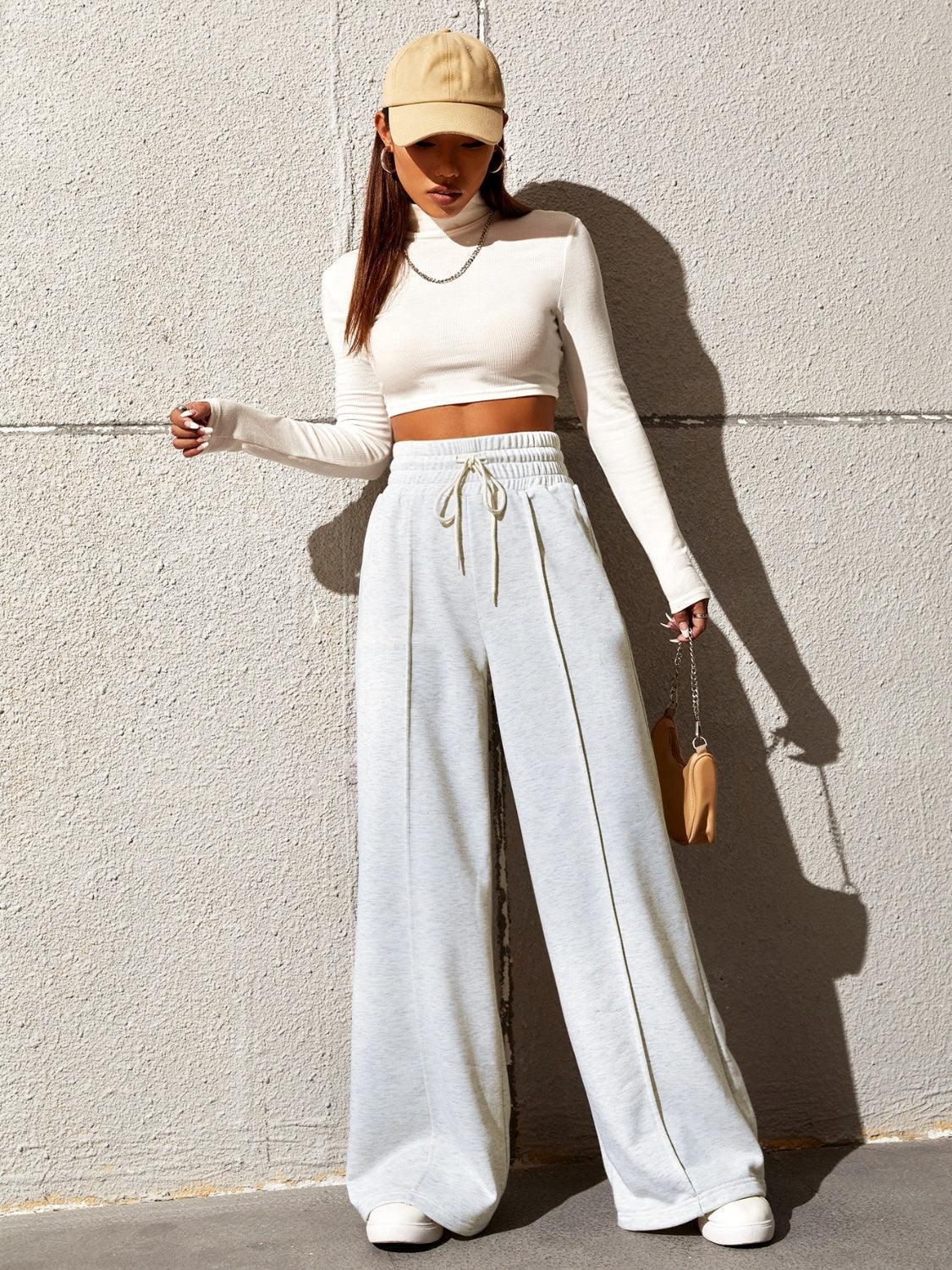 Honey Drawstring Elastic Waist Wide Leg Pants - ClubOn