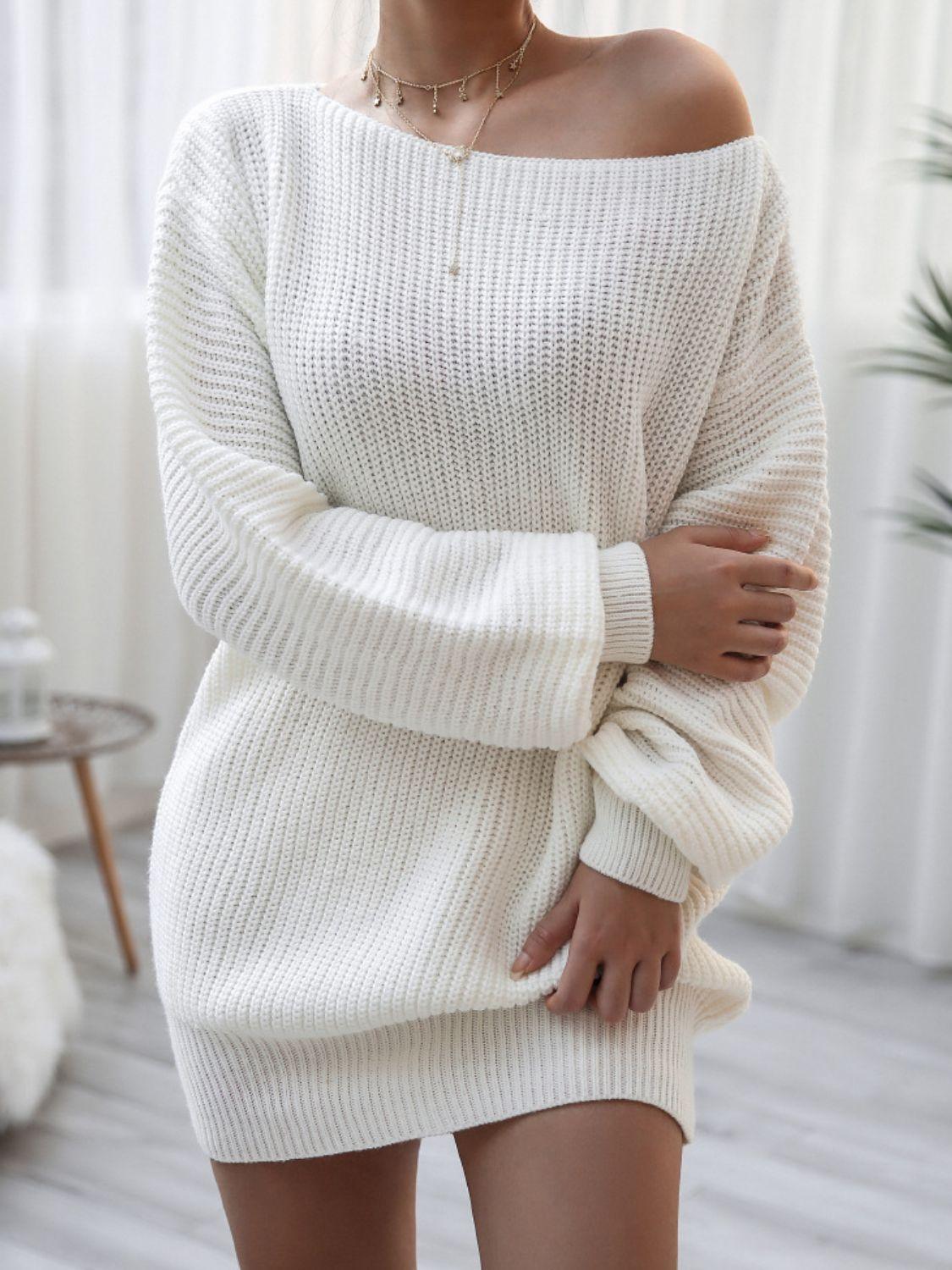 Balloon Sleeve Boat Neck Sweater Mini Dress - ClubOn