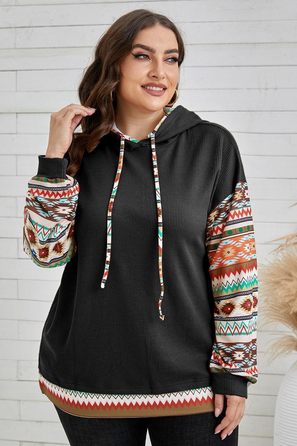 Plus Size Waffle-Knit Geometric Dropped Shoulder Hoodie - ClubOn