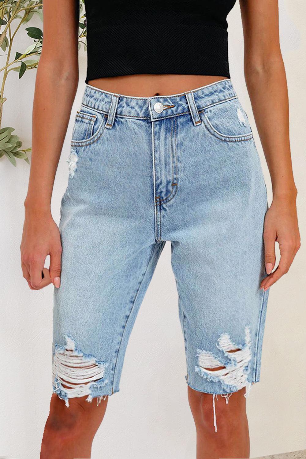 Distressed Pocketed Denim Shorts - ClubOn