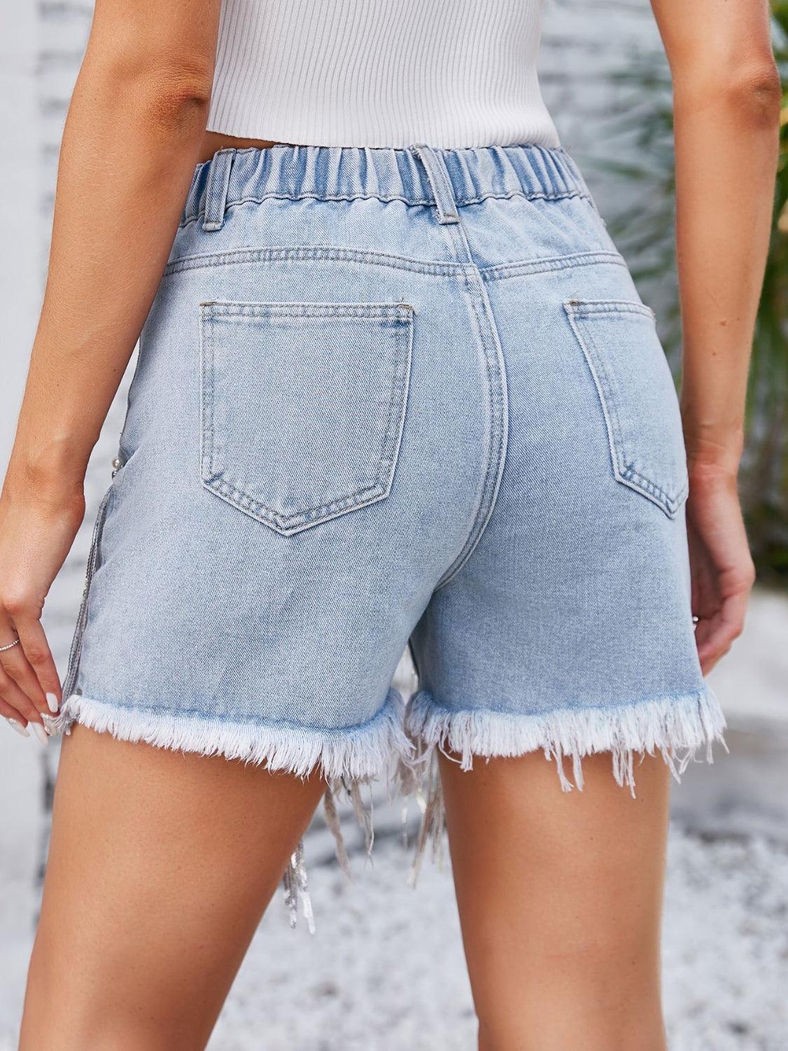 Distressed Pearl Trim Denim Shorts with Pockets - ClubOn
