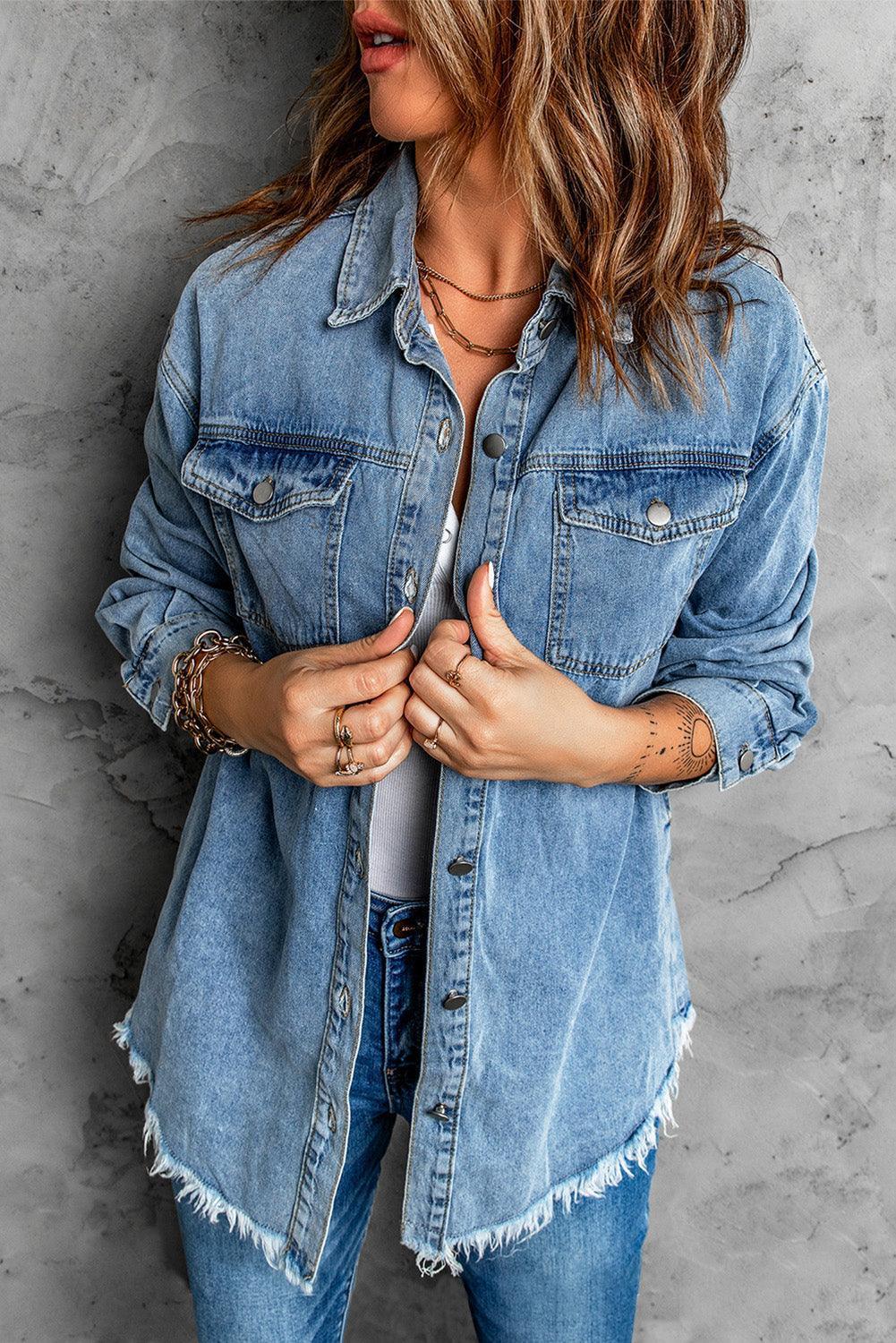 Button Up Pocketed Raw Hem Denim Jacket - ClubOn