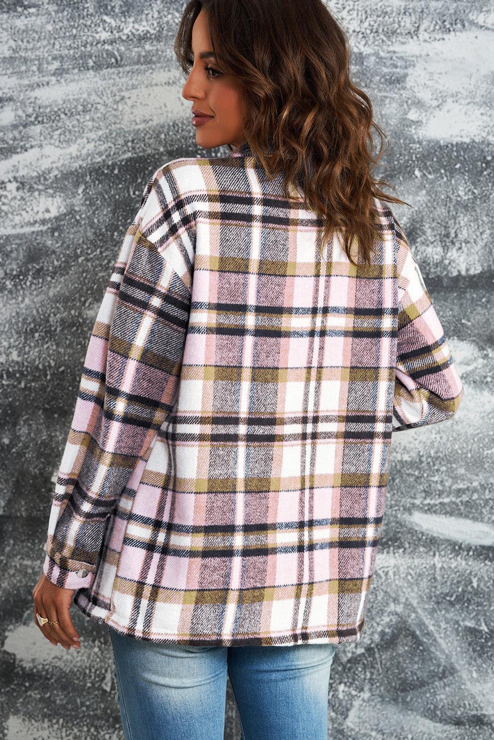 Double Take Plaid Button Front Shirt Jacket with Breast Pockets - ClubOn