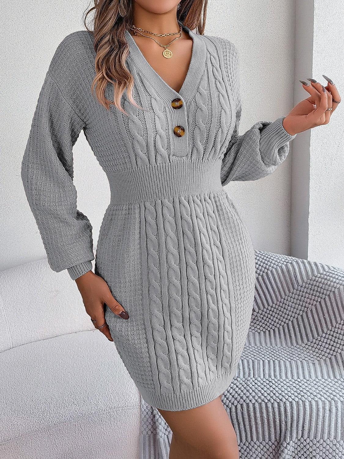 Buttoned Cable-Knit V-Neck Sweater Dress - ClubOn