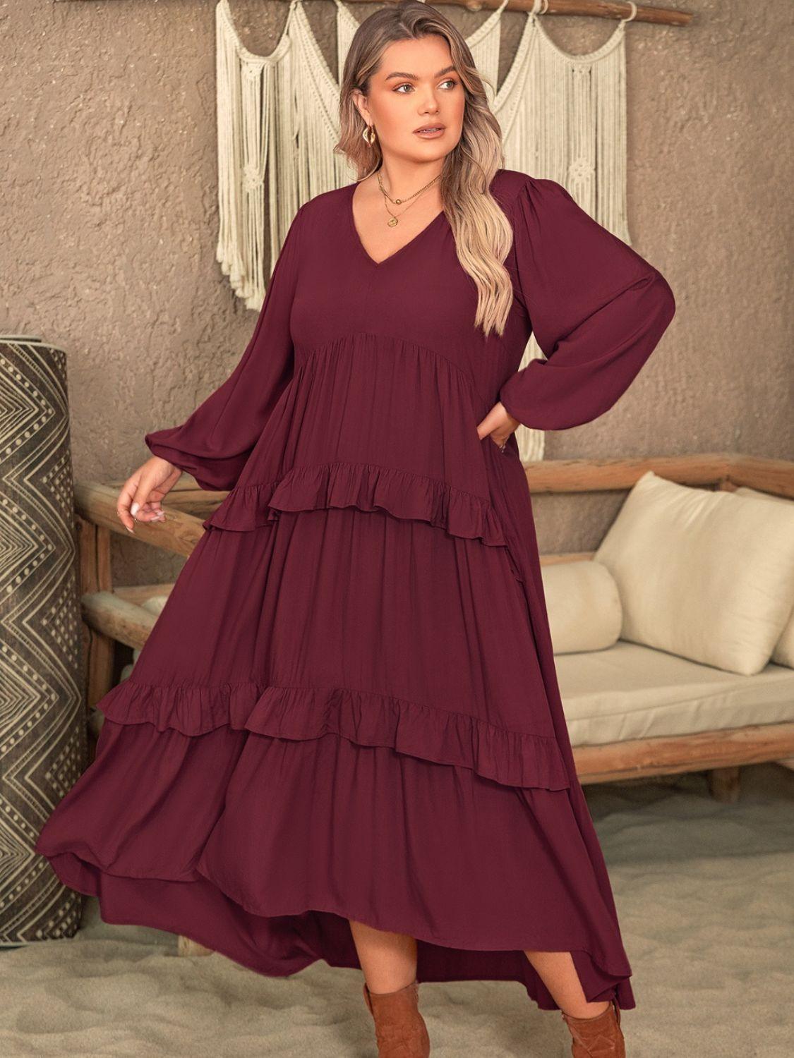 Plus Size Ruffled V-Neck Long Sleeve Dress - ClubOn