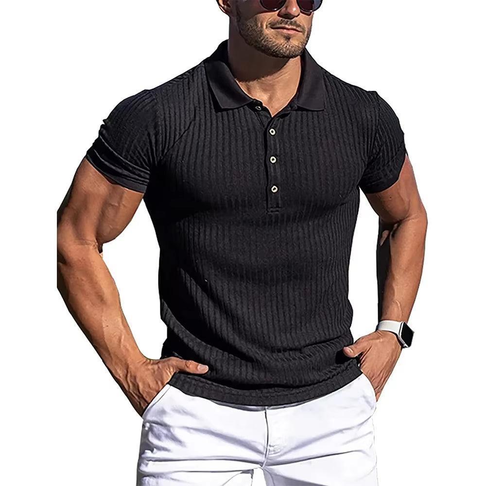 Men's Elastic Short-Sleeved Polo Shirt - Solid Color Striped Fitness Top - ClubOn