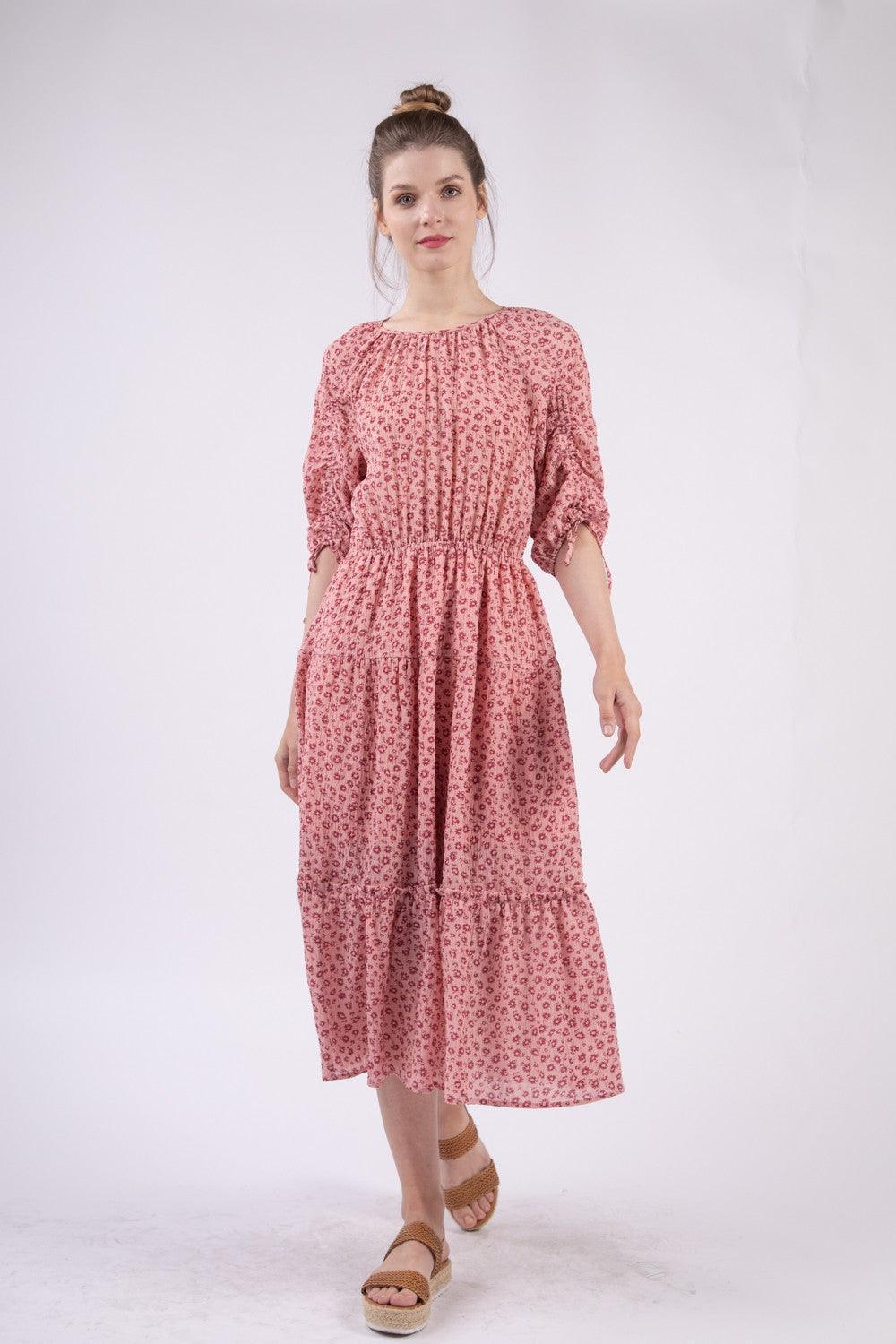 VERY J Floral Round Neck Tiered Midi Dress - ClubOn