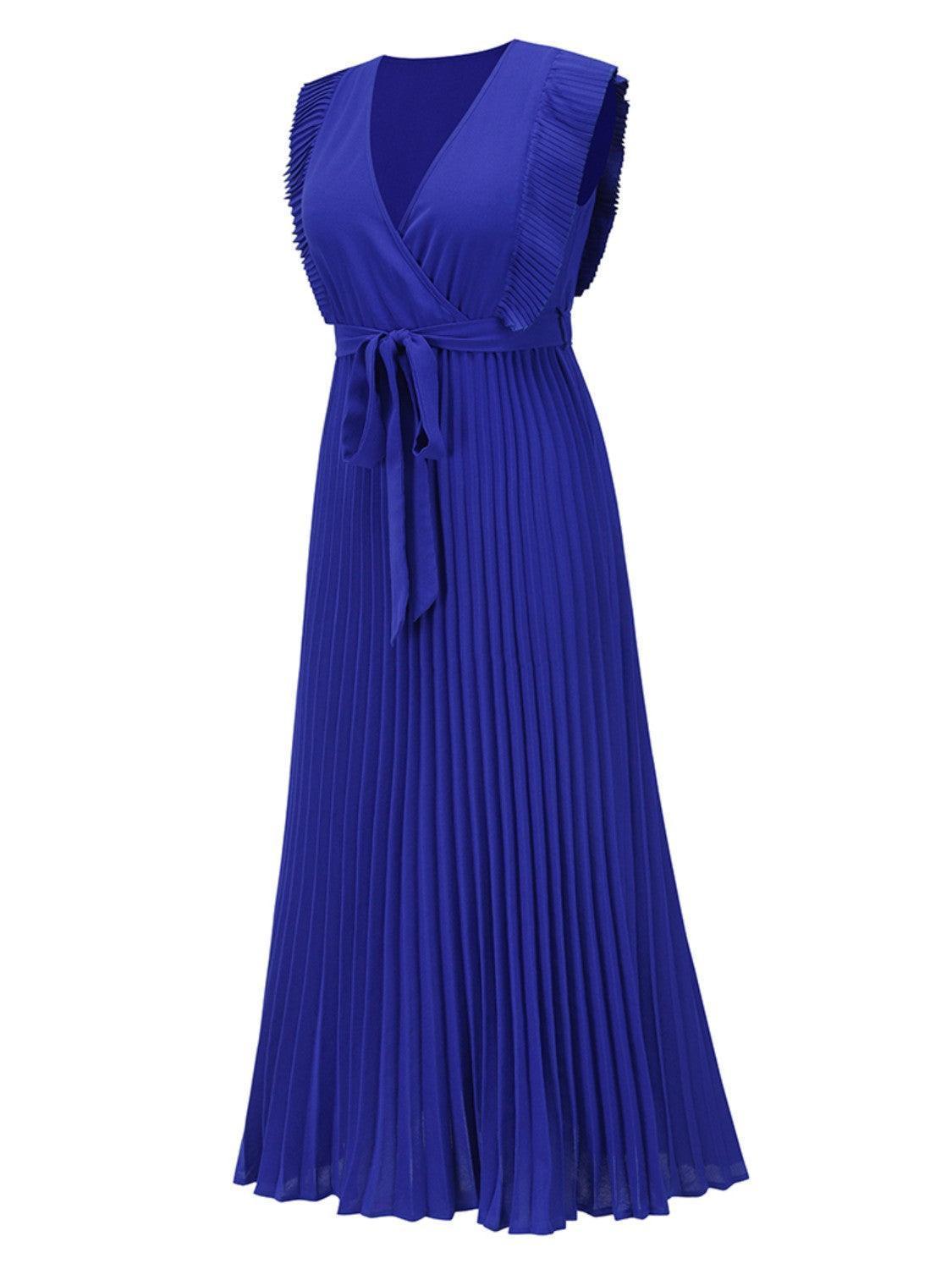 Tied Surplice Cap Sleeve Pleated Dress - ClubOn