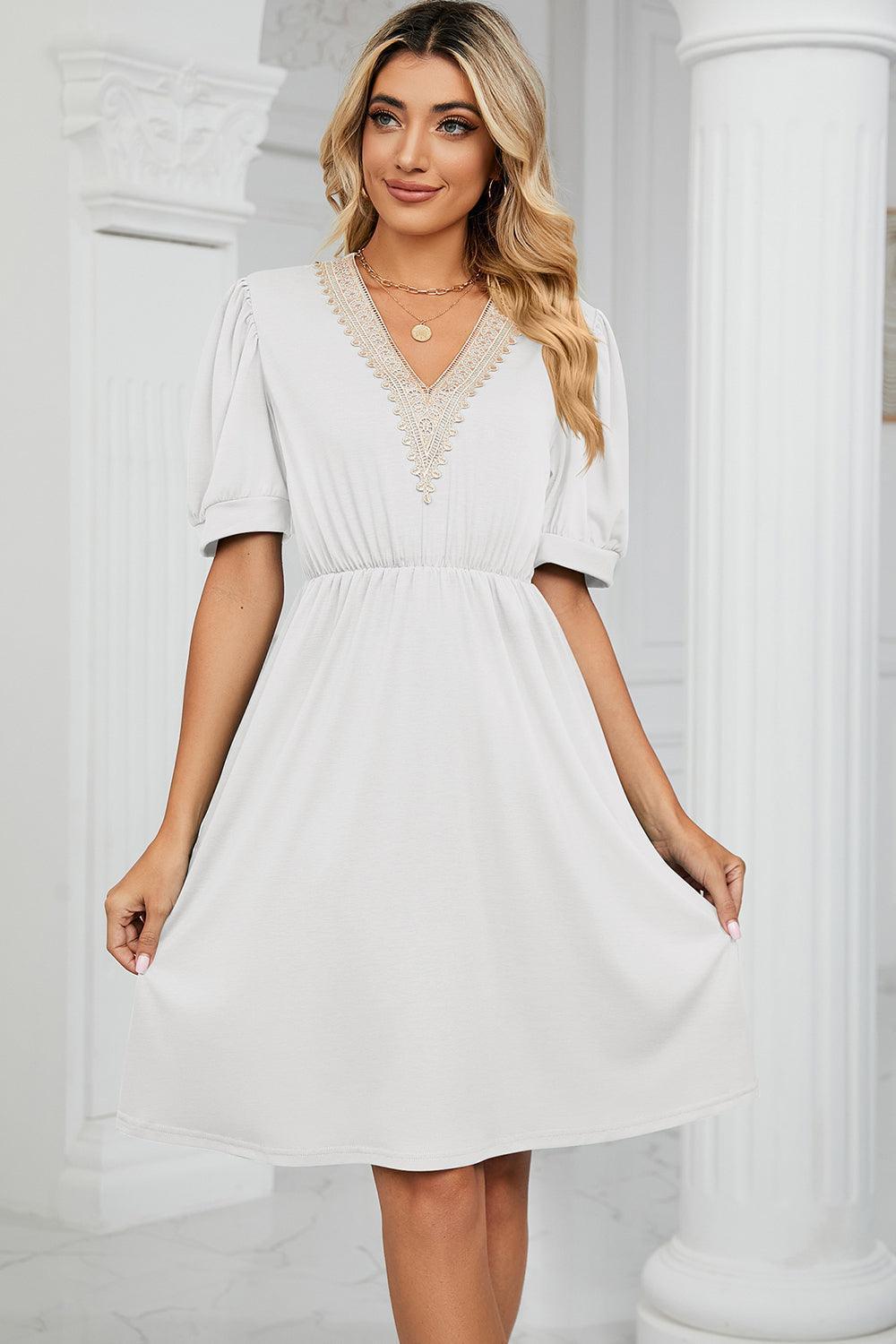 V-Neck Puff Sleeve Dress - ClubOn