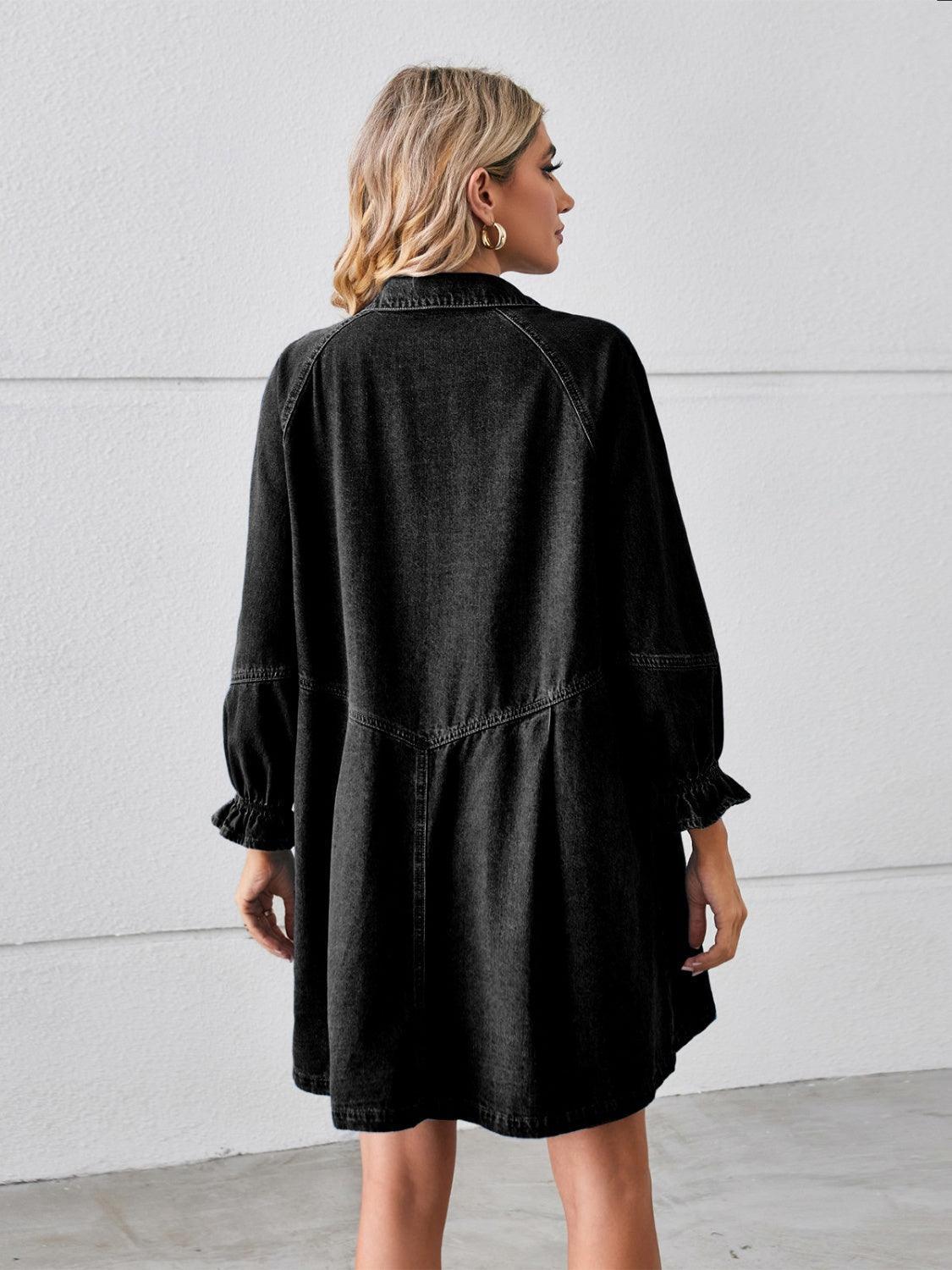 Button Up Flounce Sleeve Mini Denim Dress - ClubOn