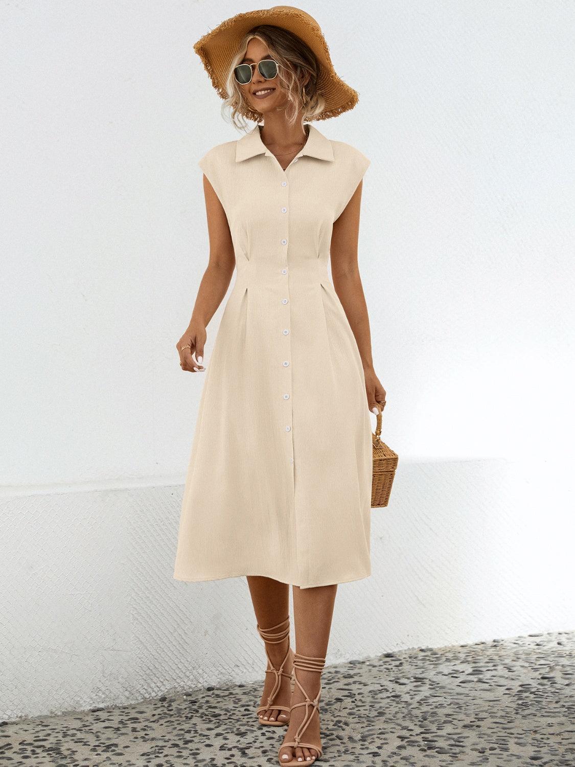 Button Up Cap Sleeve Midi Dress - ClubOn
