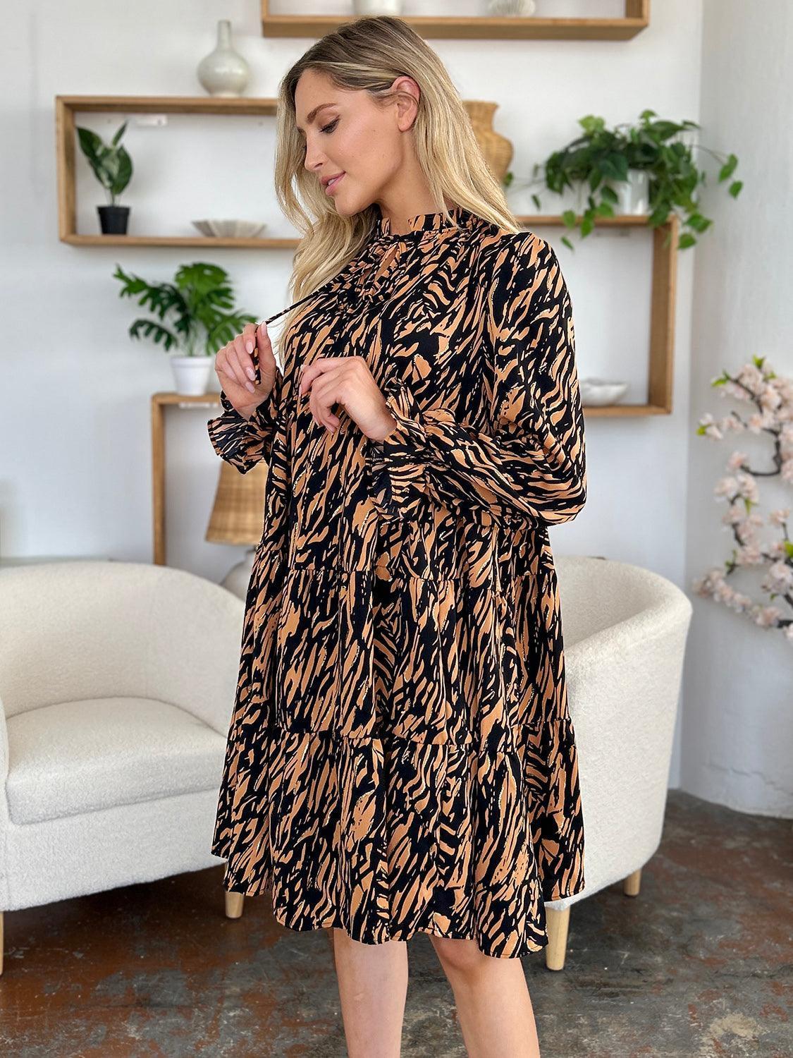 Double Take Full Size Printed Ruffle Hem Long Sleeve Dress - ClubOn