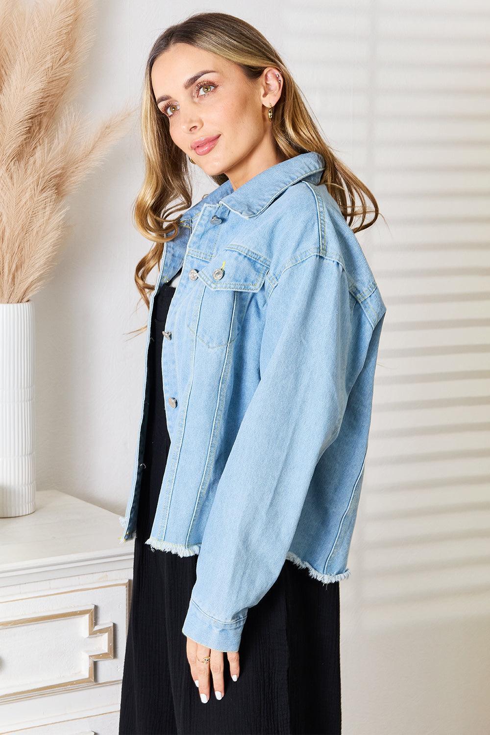 Double Take Dropped Shoulder Raw Hem Denim Jacket - ClubOn