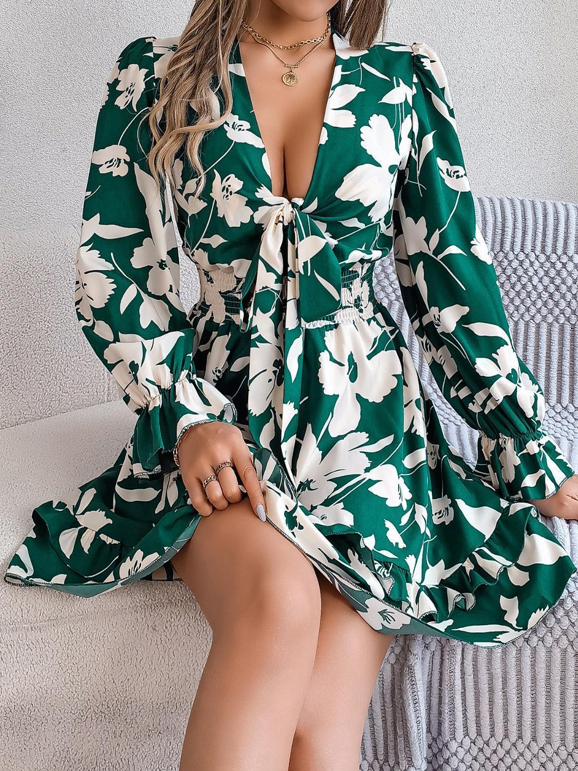 Tied Ruffled Printed Long Sleeve Dress - ClubOn