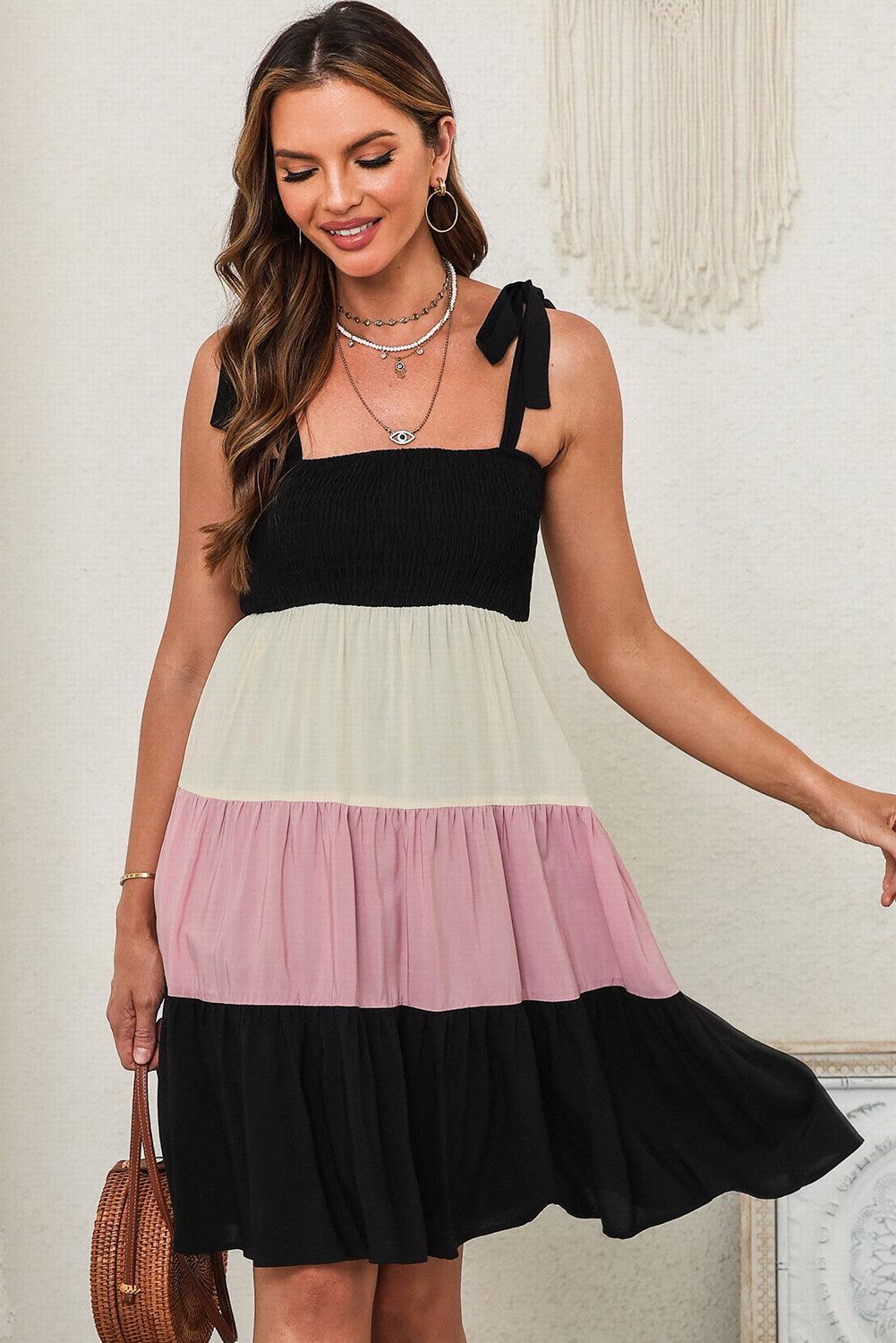 Color Block Tie Shoulder Tiered Dress - ClubOn