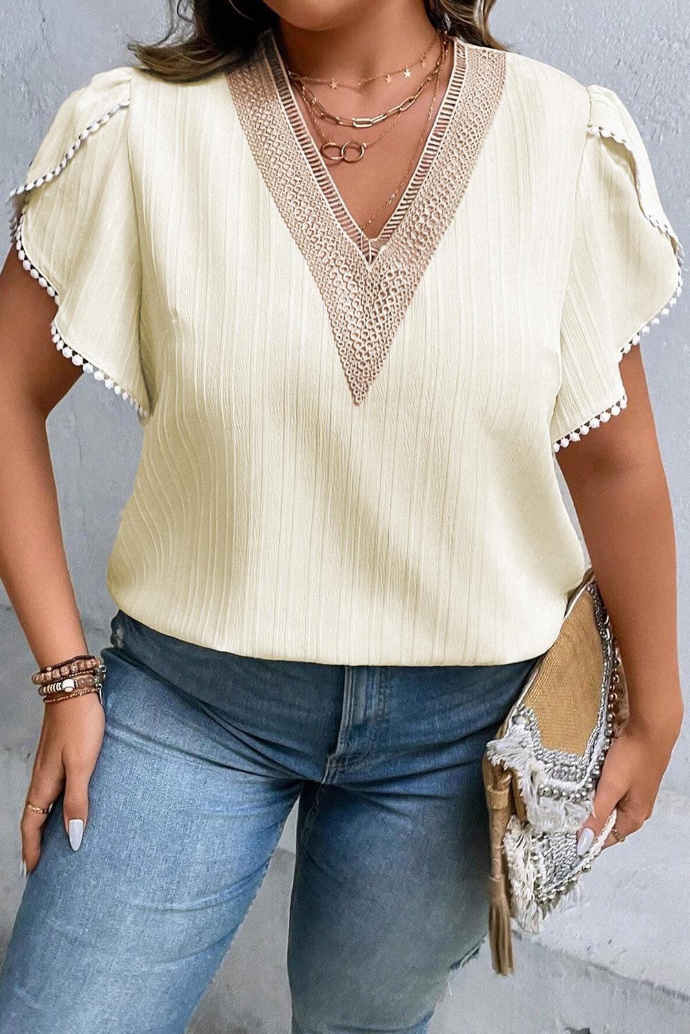 Plus Size V-Neck Petal Sleeve Blouse - ClubOn