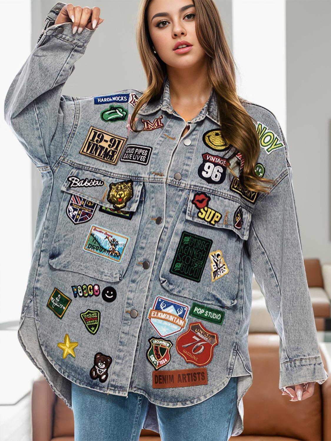 Embroidered Patch Button Up Long Sleeve Denim Jacket - ClubOn