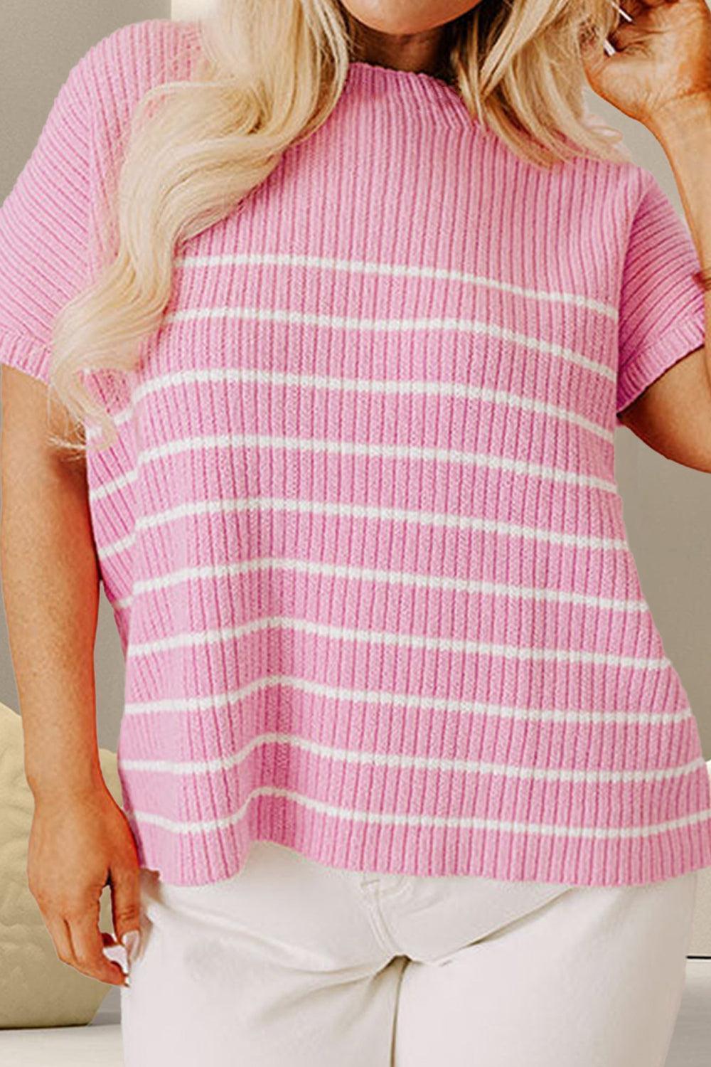 Plus Size Striped Round Neck Cap Sleeve Knit Top - ClubOn