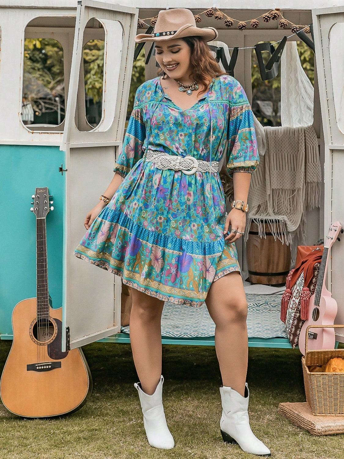 Plus Size Printed Tie Neck Mini Dress - ClubOn