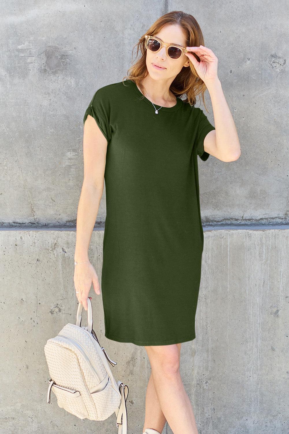 Basic Bae Full Size Round Neck Short Sleeve Dress with Pockets - ClubOn