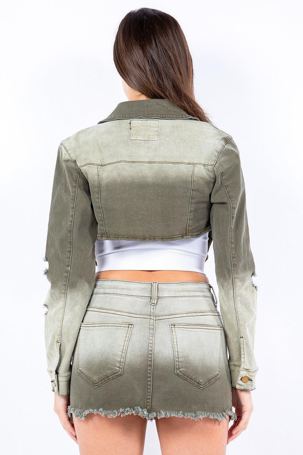 American Bazi Distressed Ombre Washed Cropped Denim Jacket - ClubOn