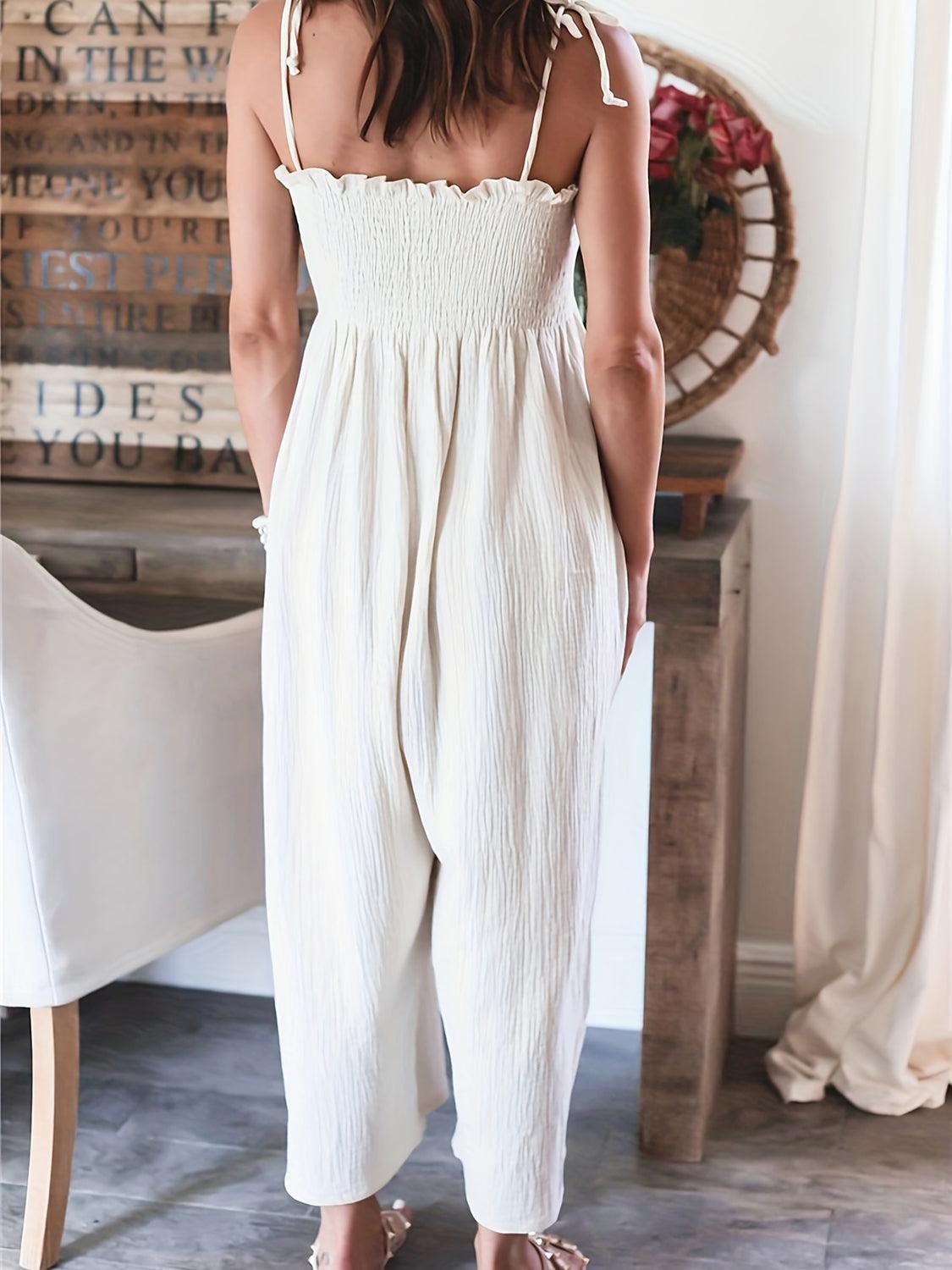 Full Size Smocked Spaghetti Strap Wide Leg Jumpsuit - ClubOn