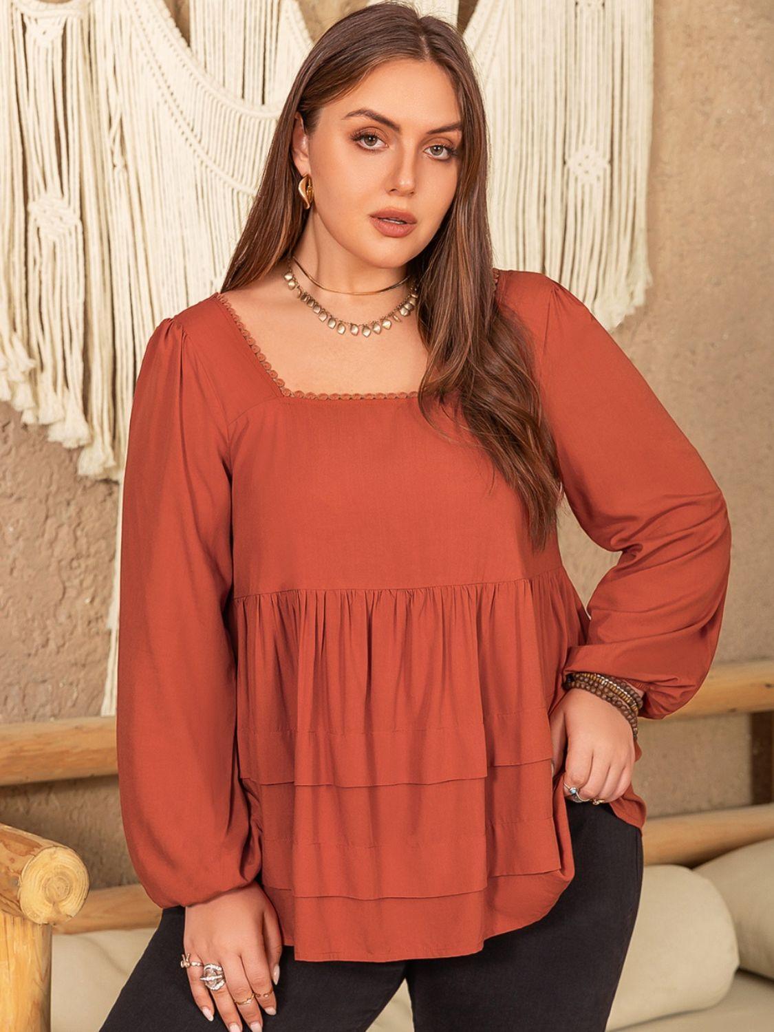 Plus Size Lace Detail Square Neck Long Sleeve Blouse - ClubOn