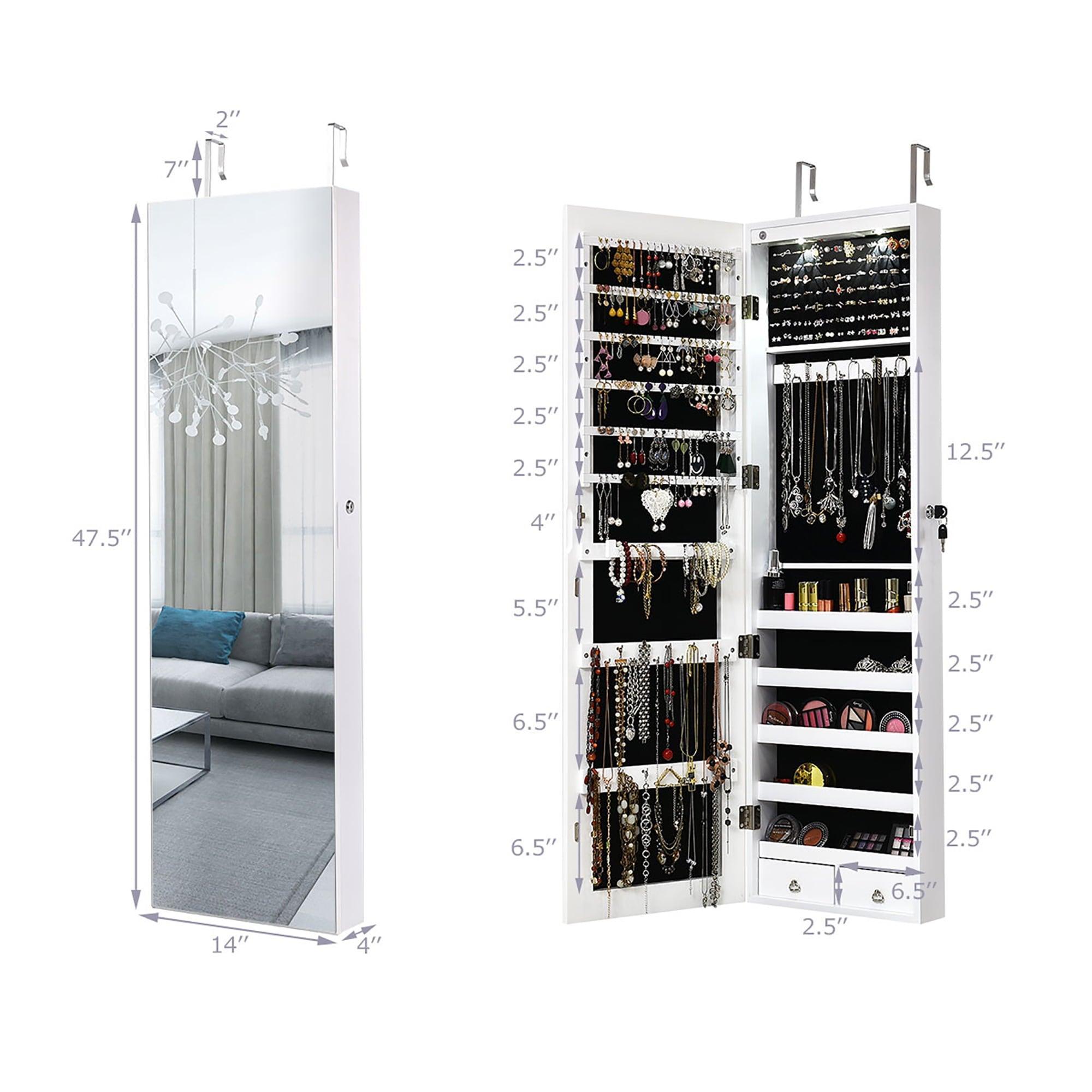 Costway Mirrored Jewelry Cabinet with 2 LED Lights, Jewelry Organizer, White - ClubOn