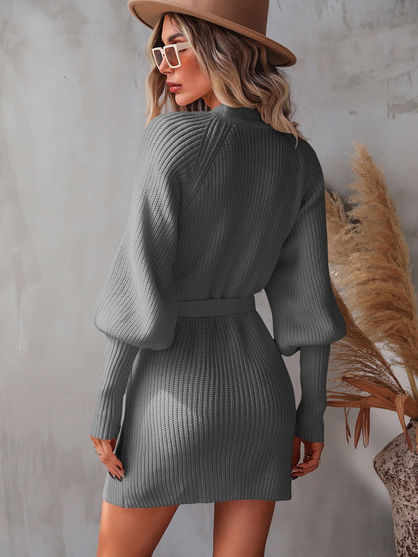 Belted Surplice Lantern Sleeve Wrap Sweater Dress - ClubOn