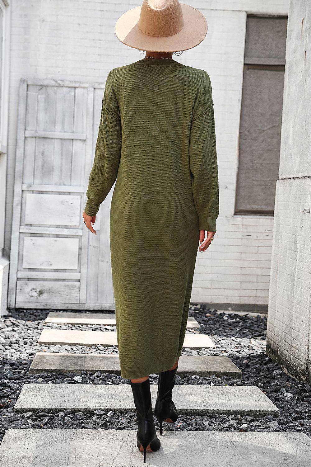 Decorative Button Notched Dropped Shoulder Sweater Dress - ClubOn