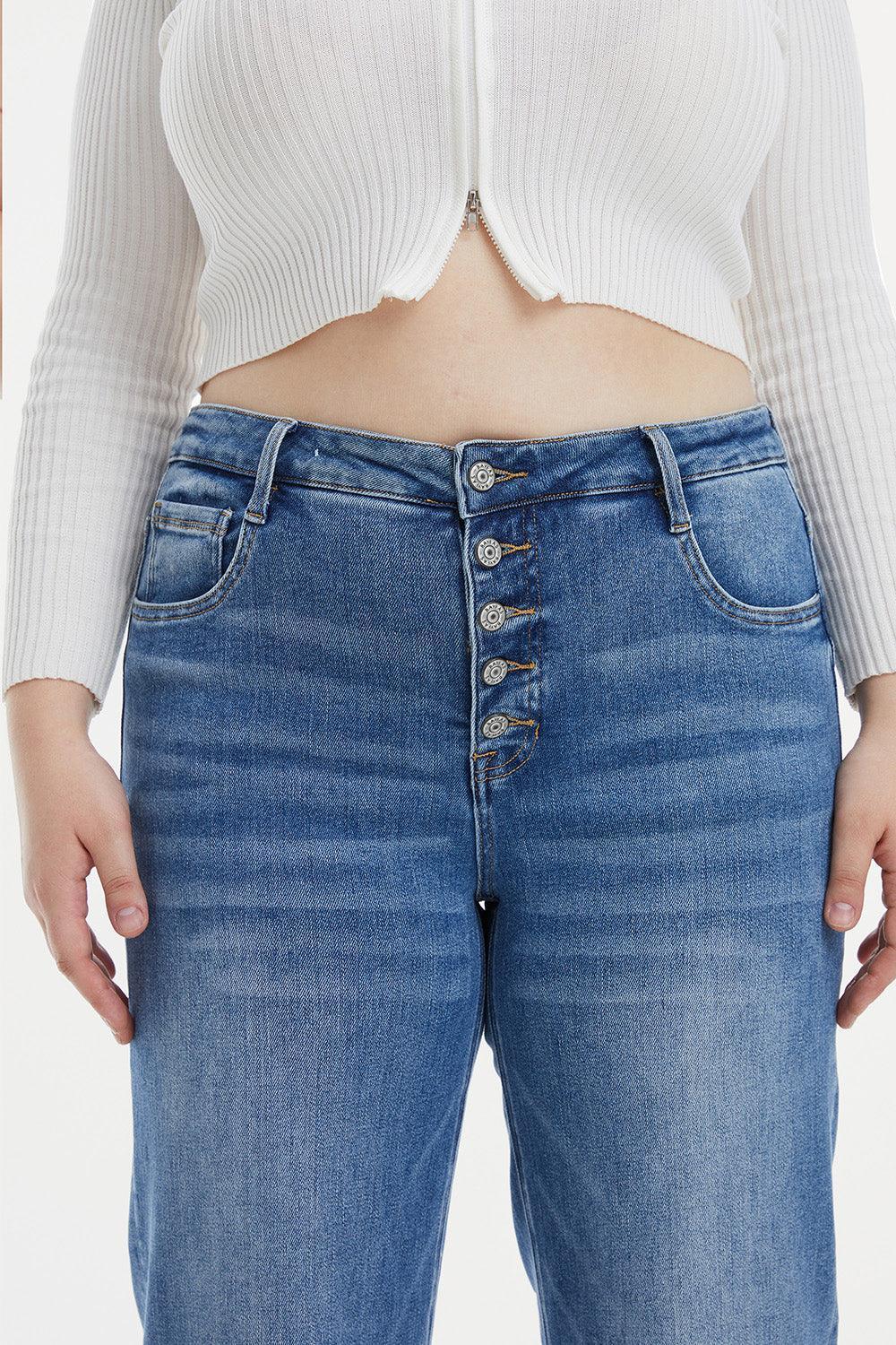 BAYEAS Full Size High Waist Button-Fly Raw Hem Wide Leg Jeans - ClubOn