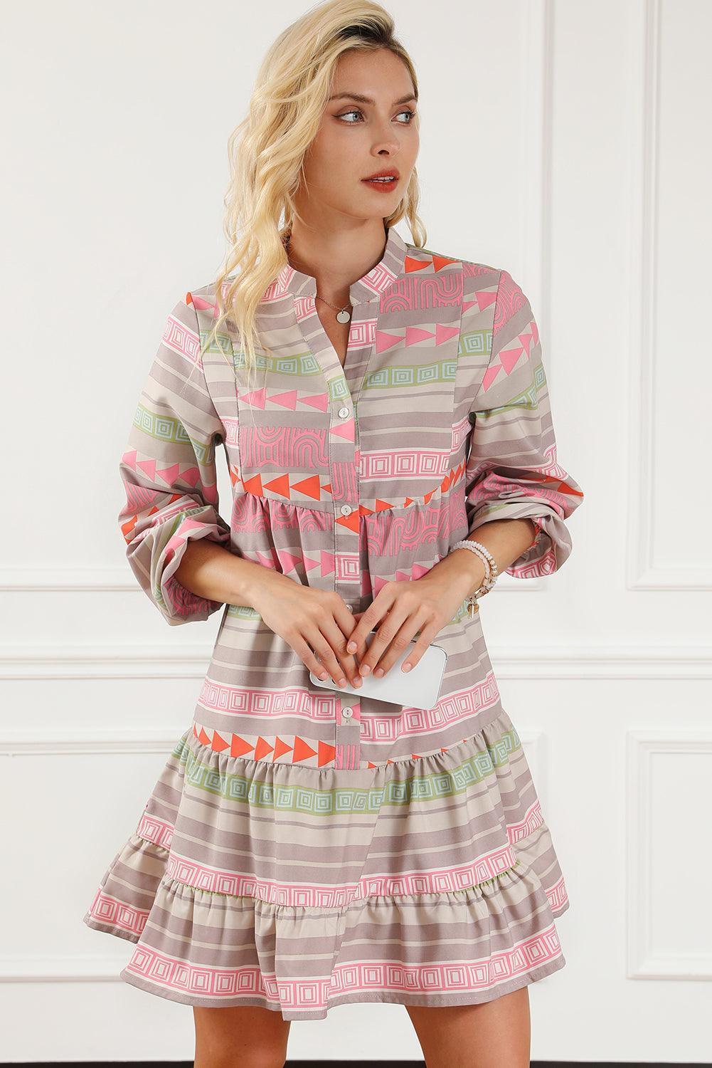 Tiered Notched Balloon Sleeve Buttoned Dress - ClubOn