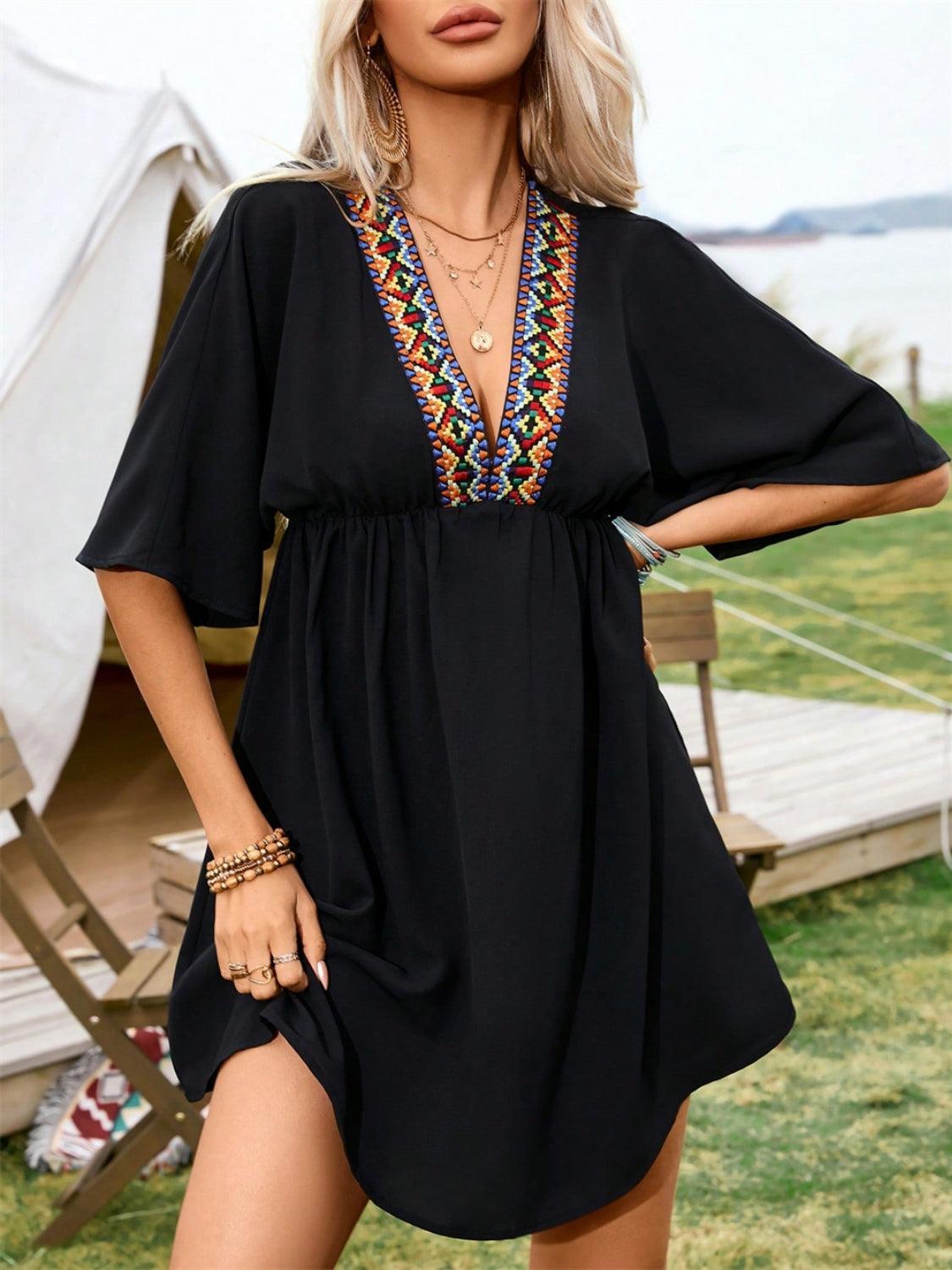 Embroidered Plunge Half Sleeve Mini Dress - ClubOn
