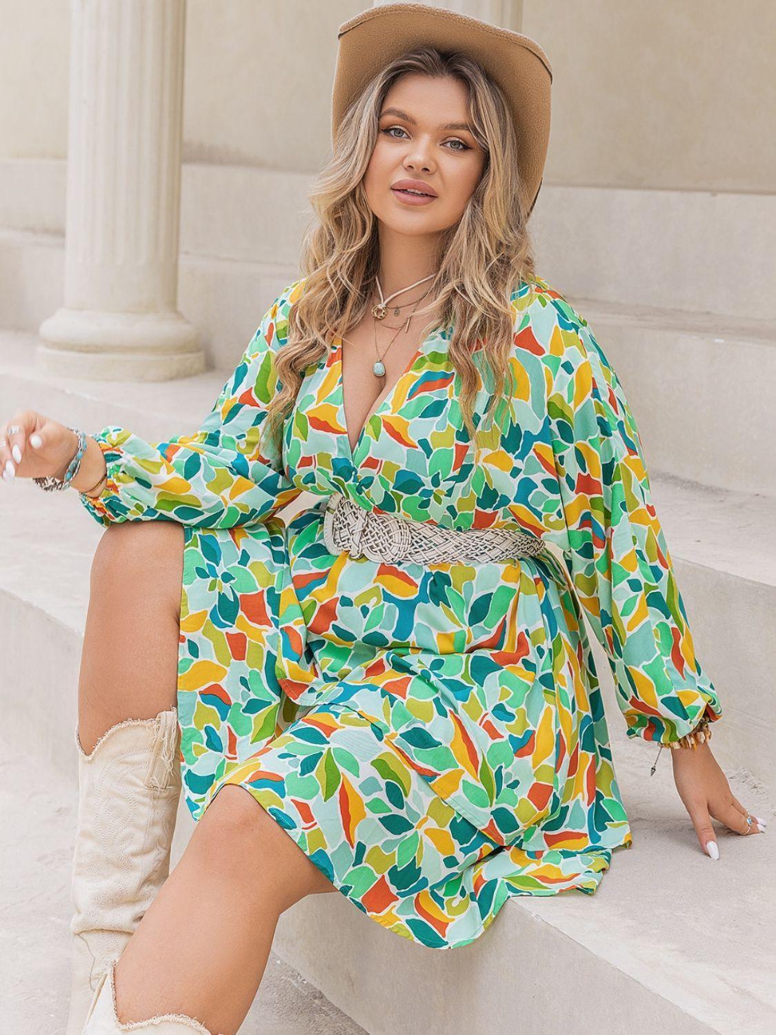 Plus Size Printed Surplice Long Sleeve Mini Dress - ClubOn