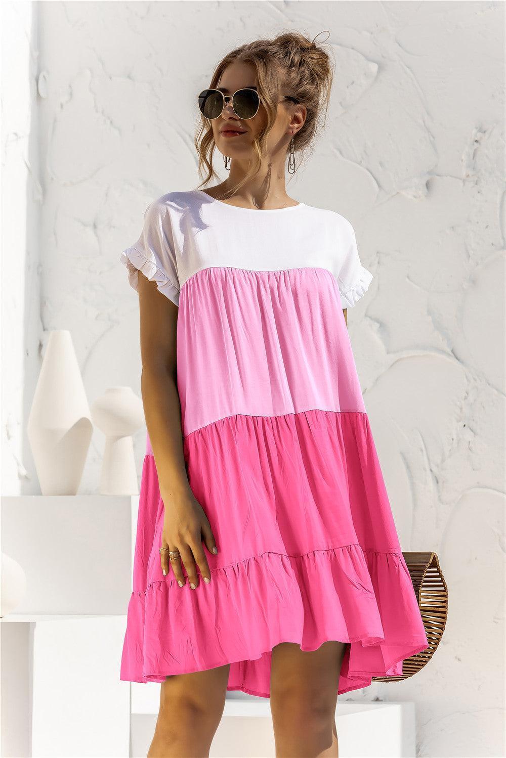 Color Block Round Neck Ruffle Hem Dress - ClubOn