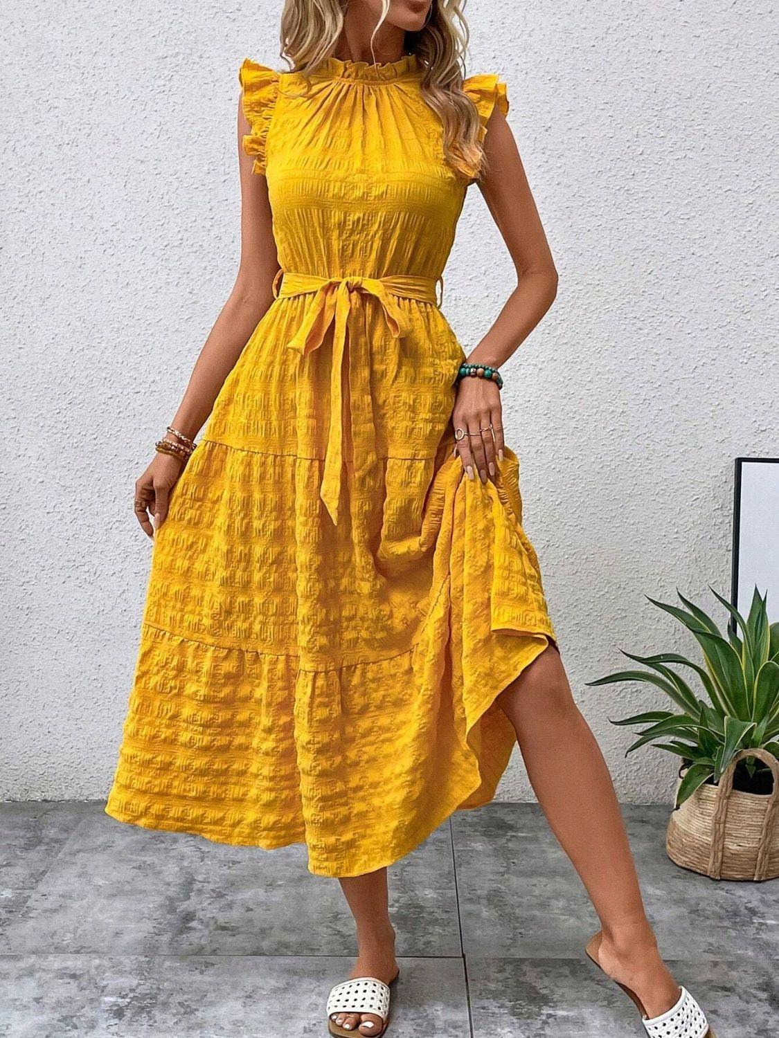 Tied Ruffled Cap Sleeve Midi Dress - ClubOn
