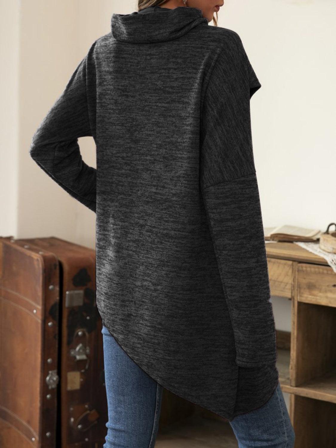 Asymmetrical Hem Cowl Neck Long Sleeve T-Shirt - ClubOn