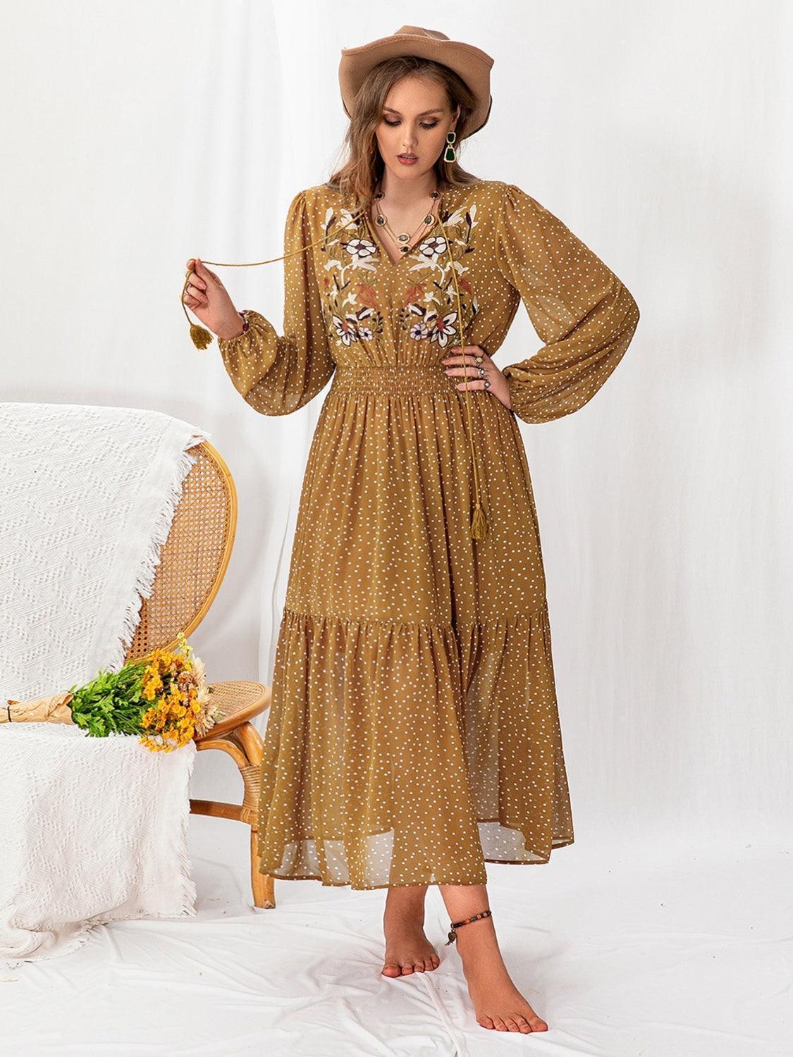 Plus Size Polka Dot Tie Neck Balloon Sleeve Maxi Dress - ClubOn