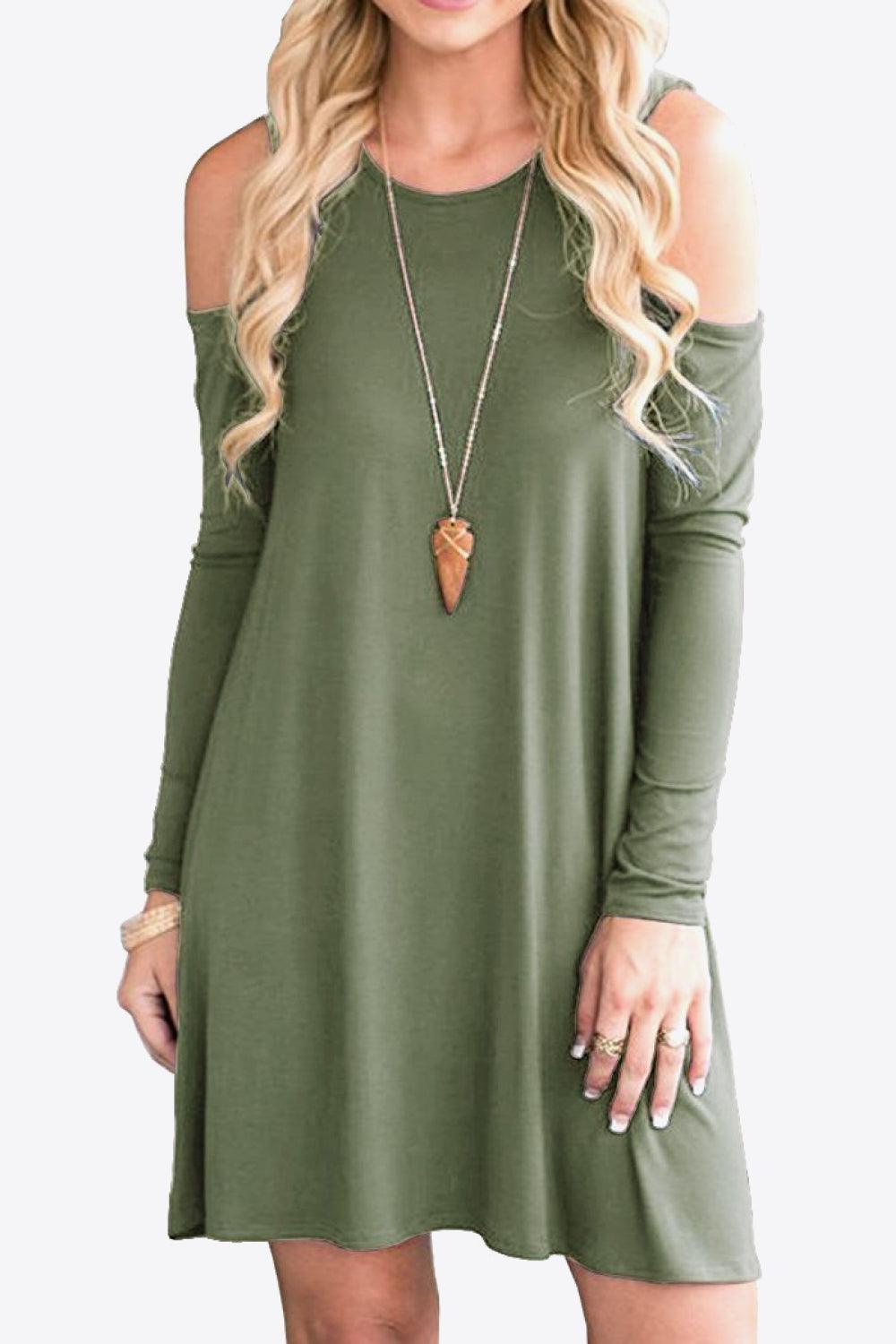 Cold-Shoulder Long Sleeve Round Neck Dress - ClubOn