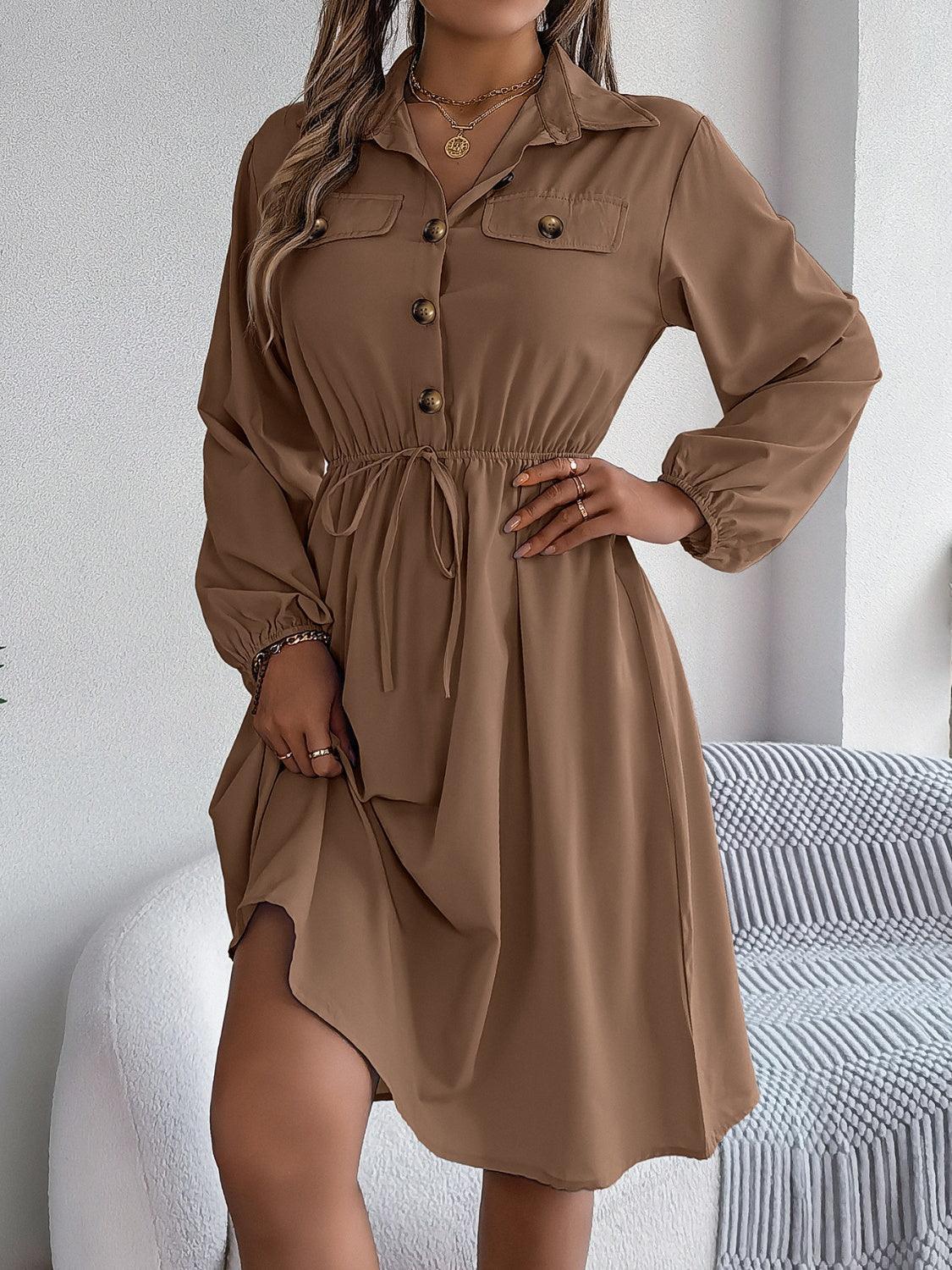 Collared Neck Long Sleeve Dress with Pockets - ClubOn