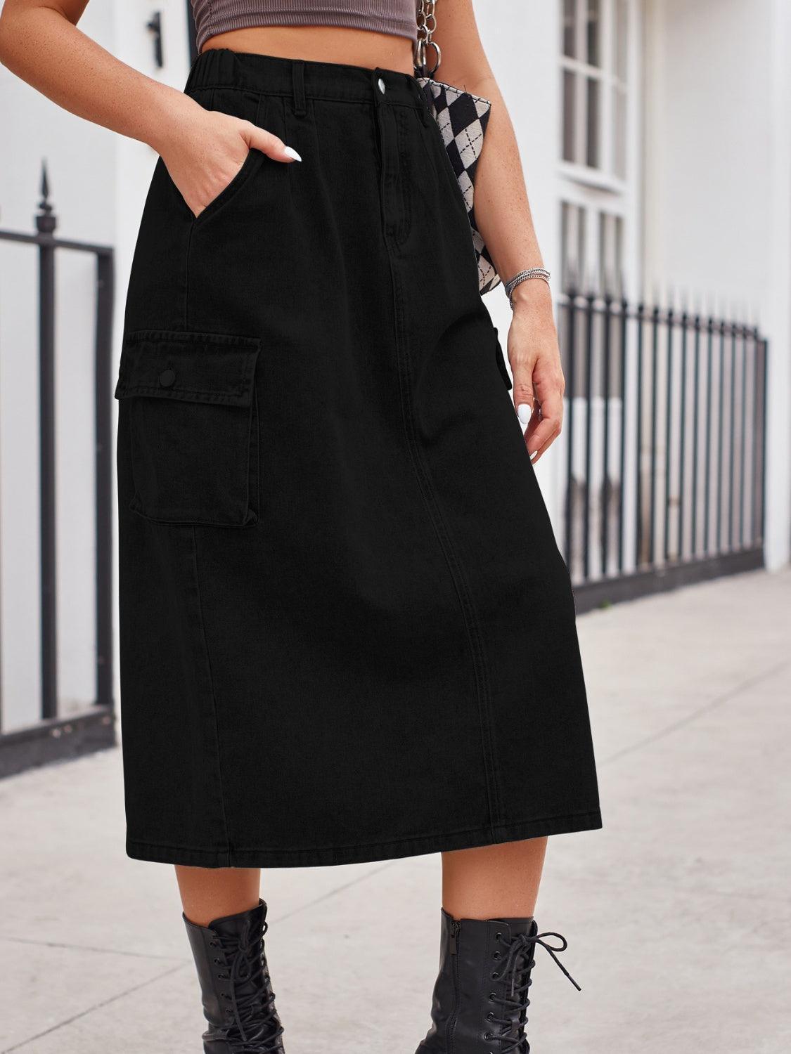 Slit Buttoned Denim Skirt with Pockets - ClubOn