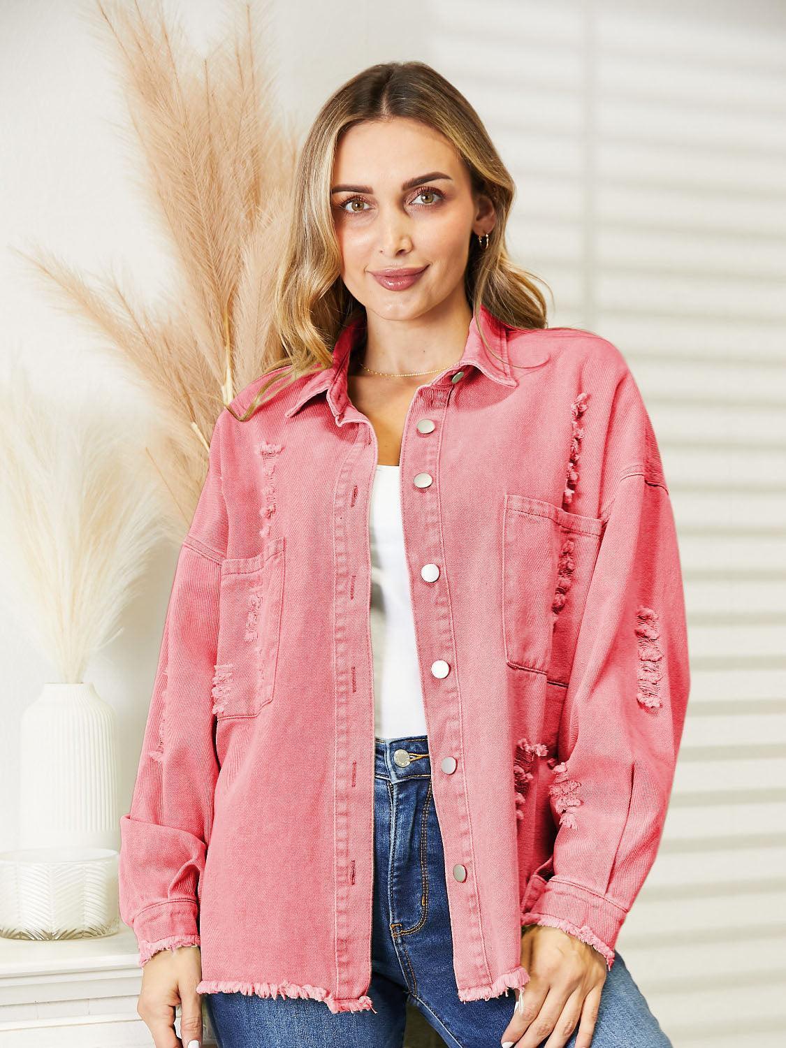 Distressed Raw Hem Denim Jacket - ClubOn