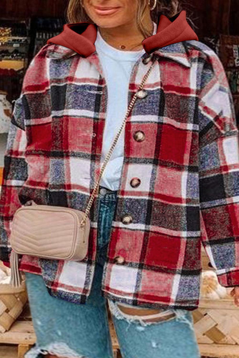 Plus Size Plaid Button Up Hooded Jacket - ClubOn
