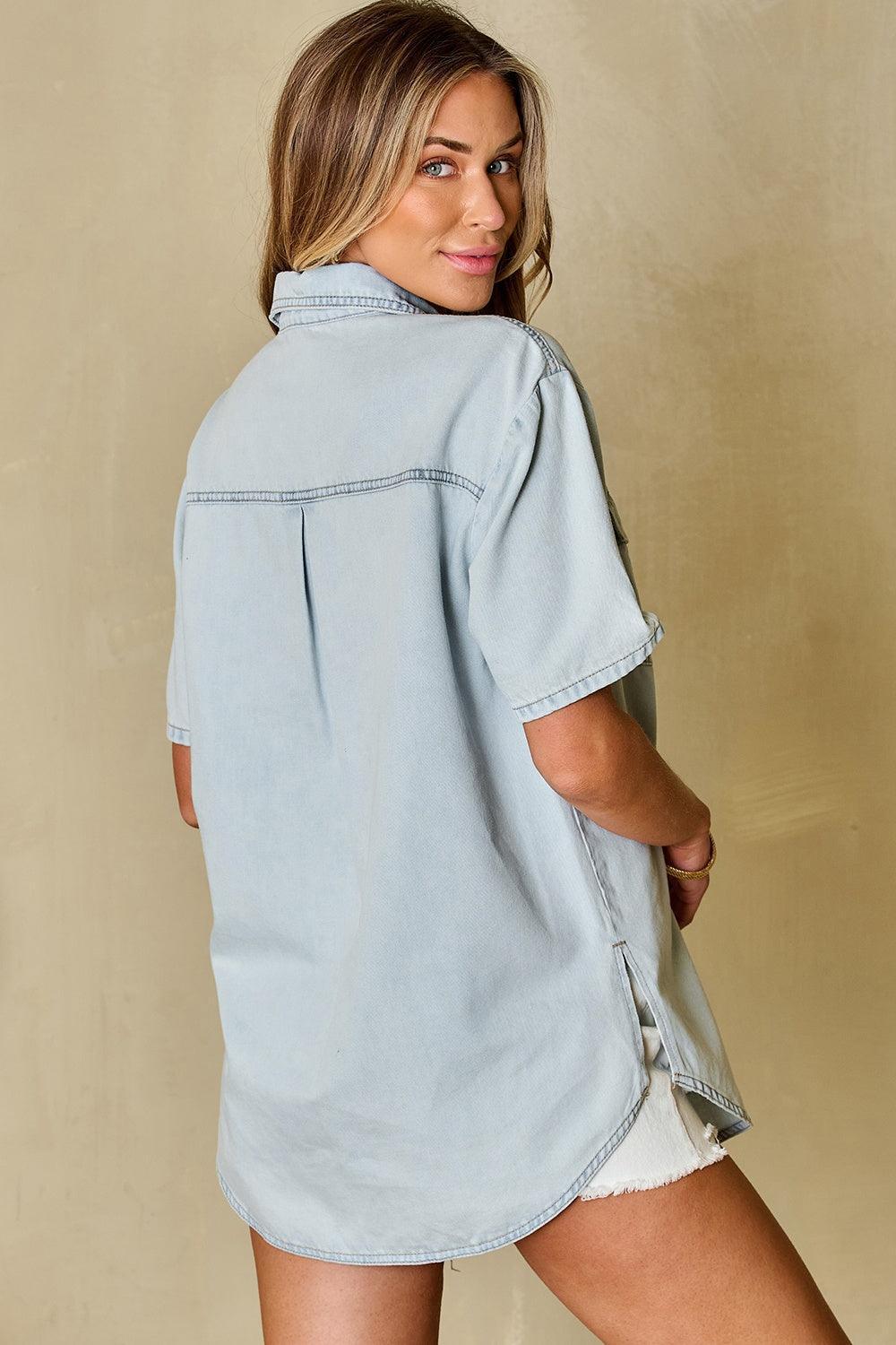 Slit Snap Down Short Sleeve Denim Top - ClubOn