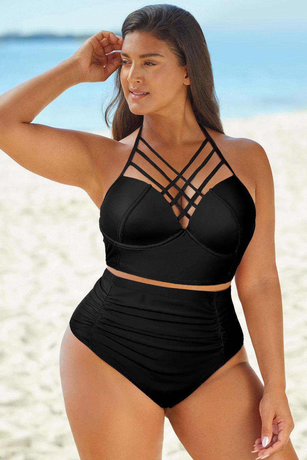 Full Size Halter Neck Crisscross Ruched Two-Piece Swimsuit - ClubOn