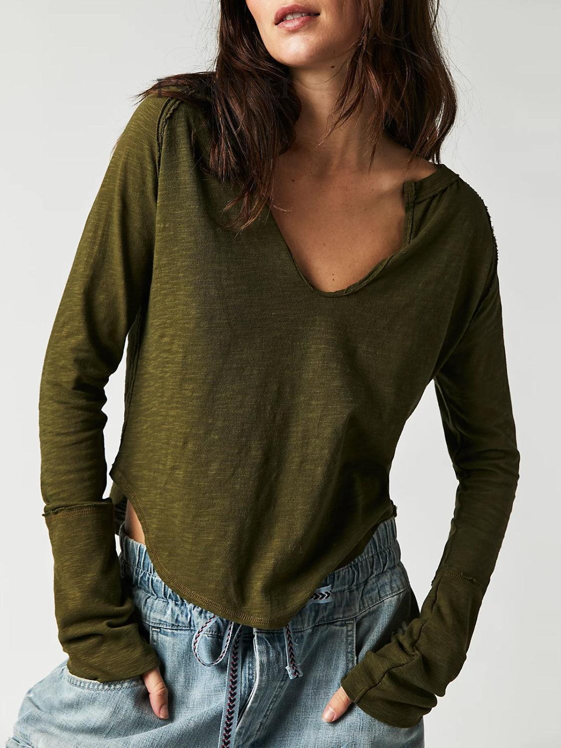 Exposed Seam Notched Long Sleeve T-Shirt - ClubOn