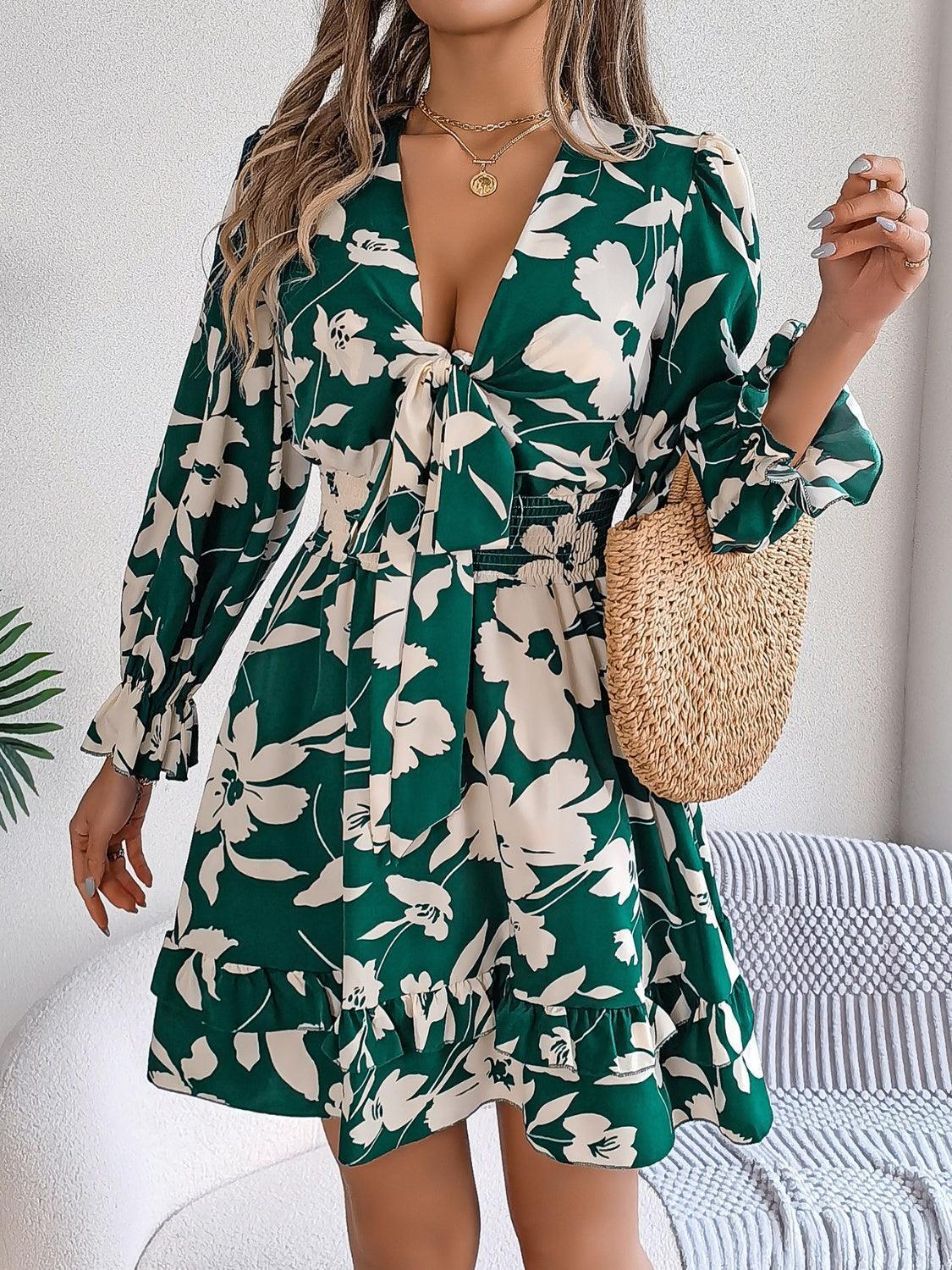 Tied Ruffled Printed Long Sleeve Dress - ClubOn