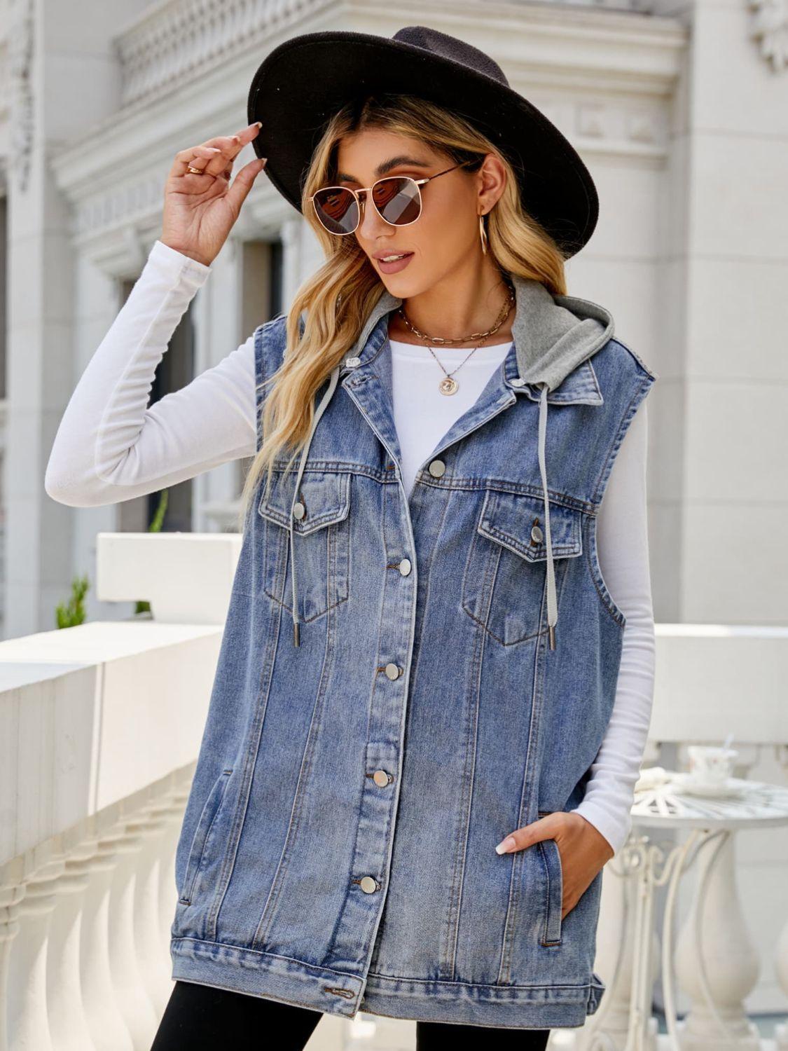 Drawstring Hooded Sleeveless Denim Top with Pockets - ClubOn
