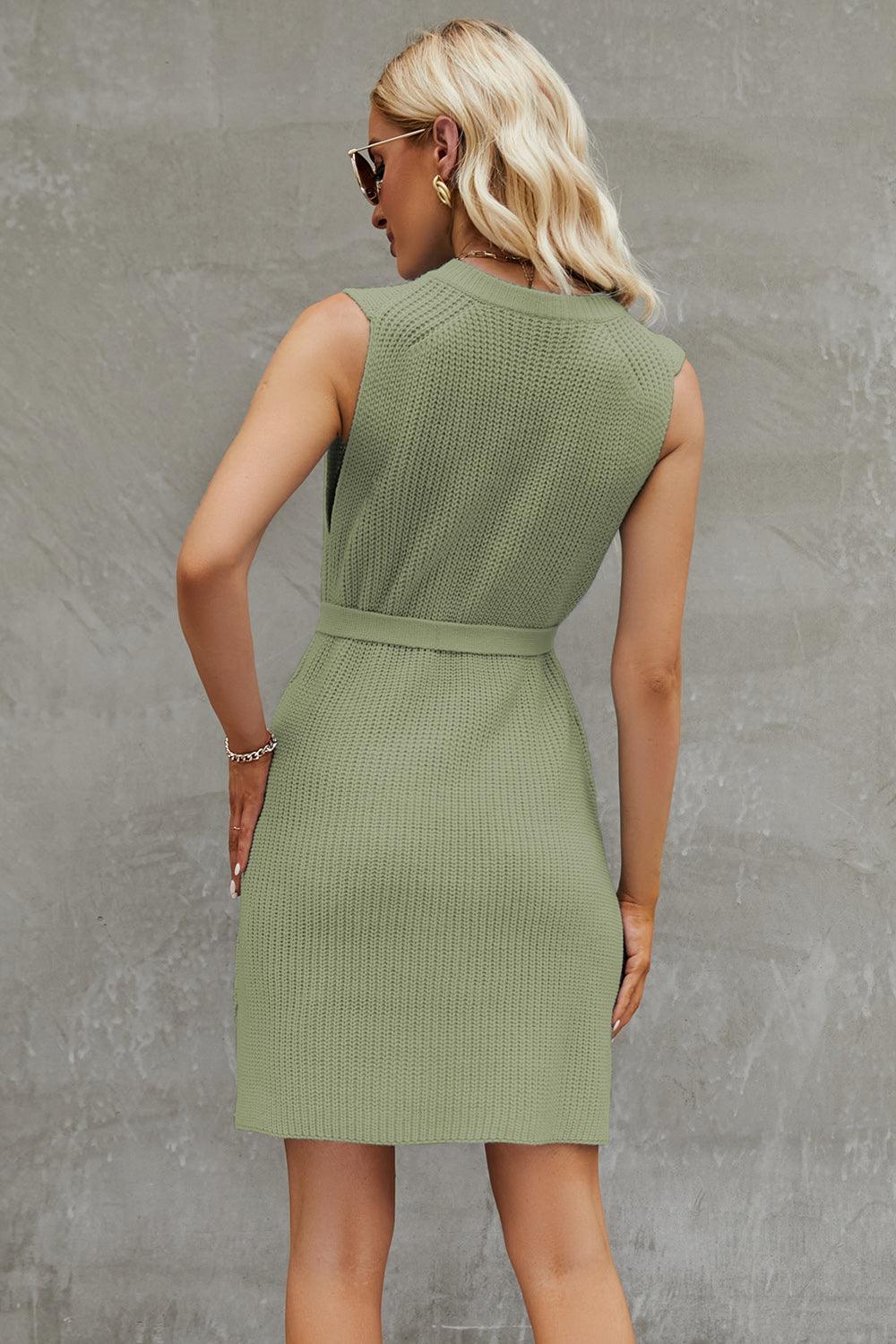 Tied Round Neck Sleeveless Sweater Dress - ClubOn